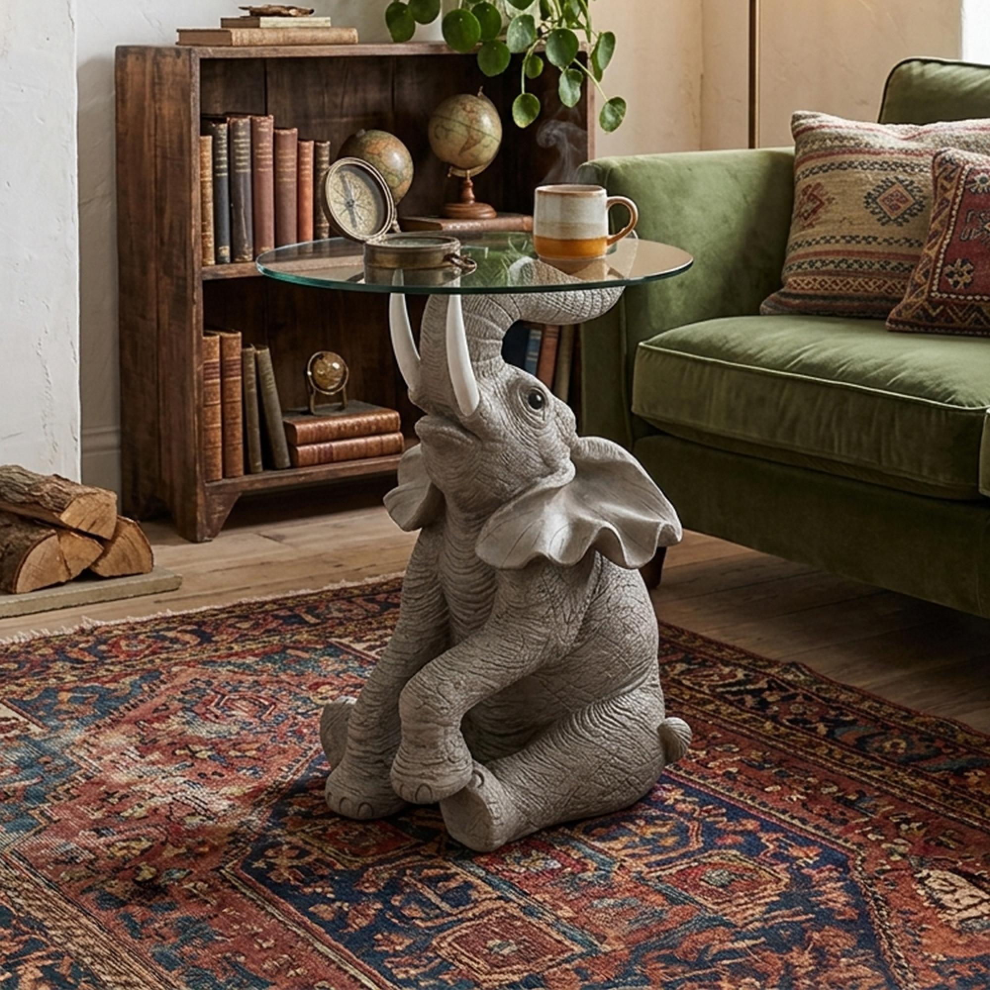 Elephant Accent Table - Round - Grey - Glass and Polyresin