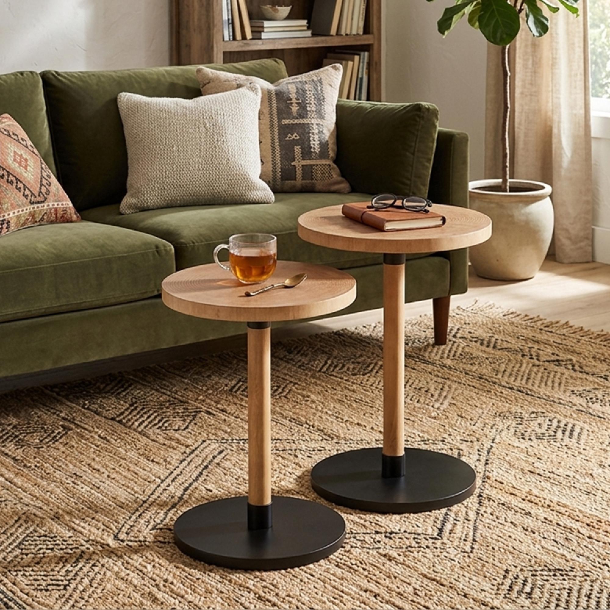Ron Side Table - Round - Set of 2 - Natural and Black - Pinewood