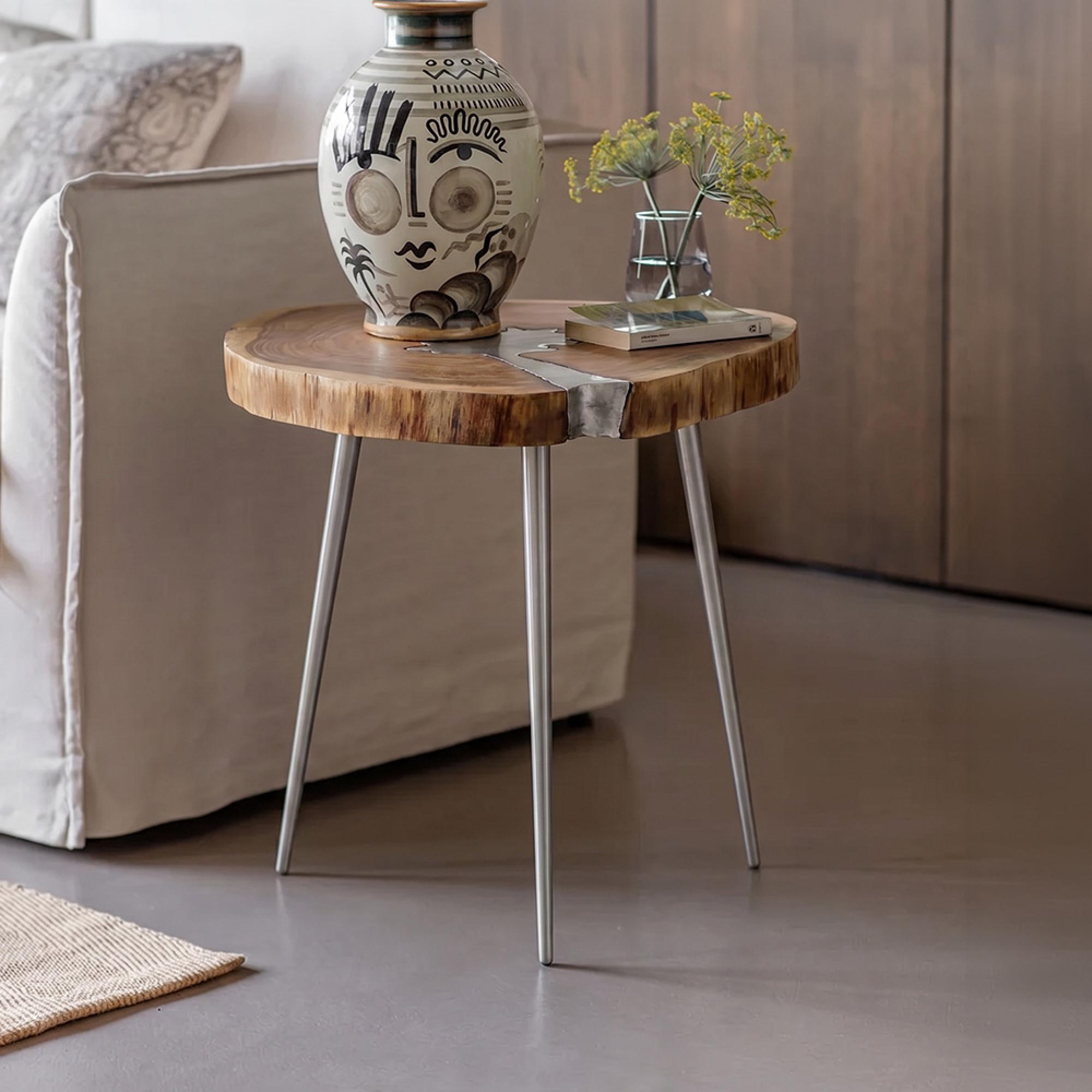 Almora Side Table - Log - Acacia Wood and Metal