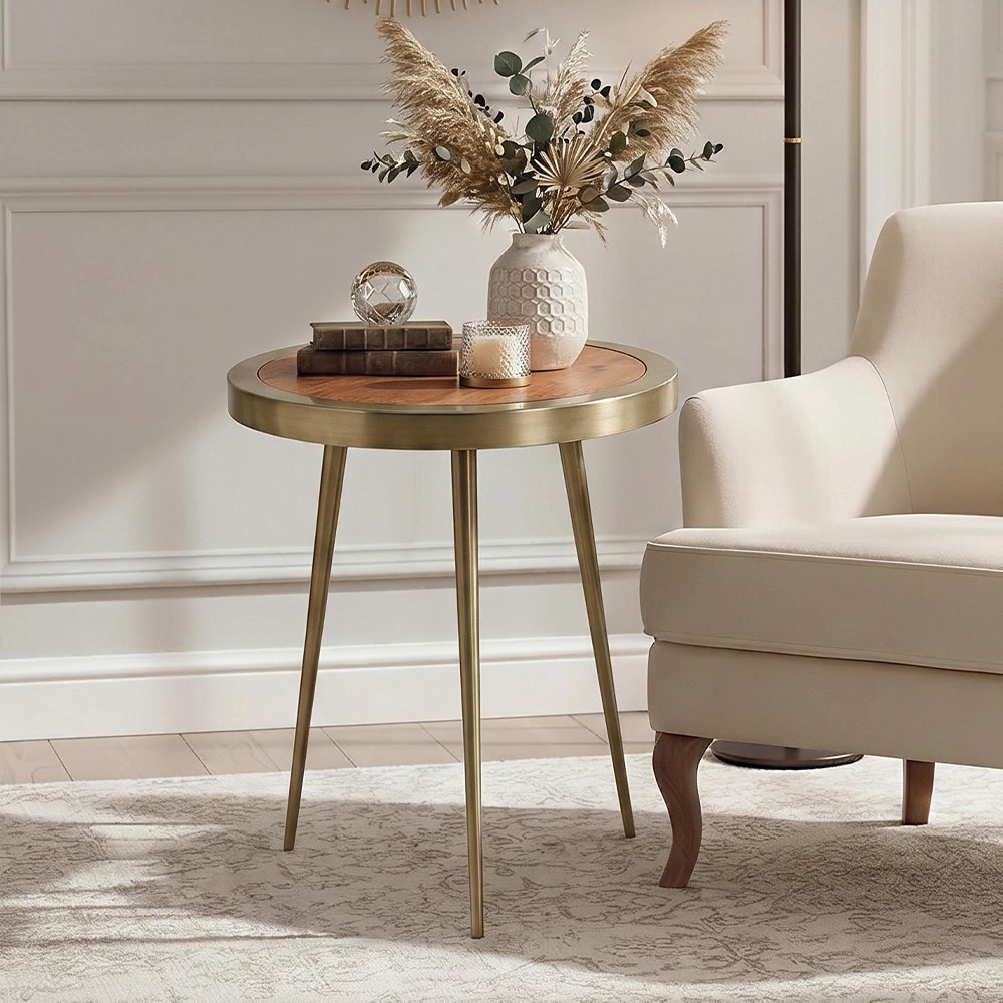 Almora Side Table - Round - Acacia Wood and Metal