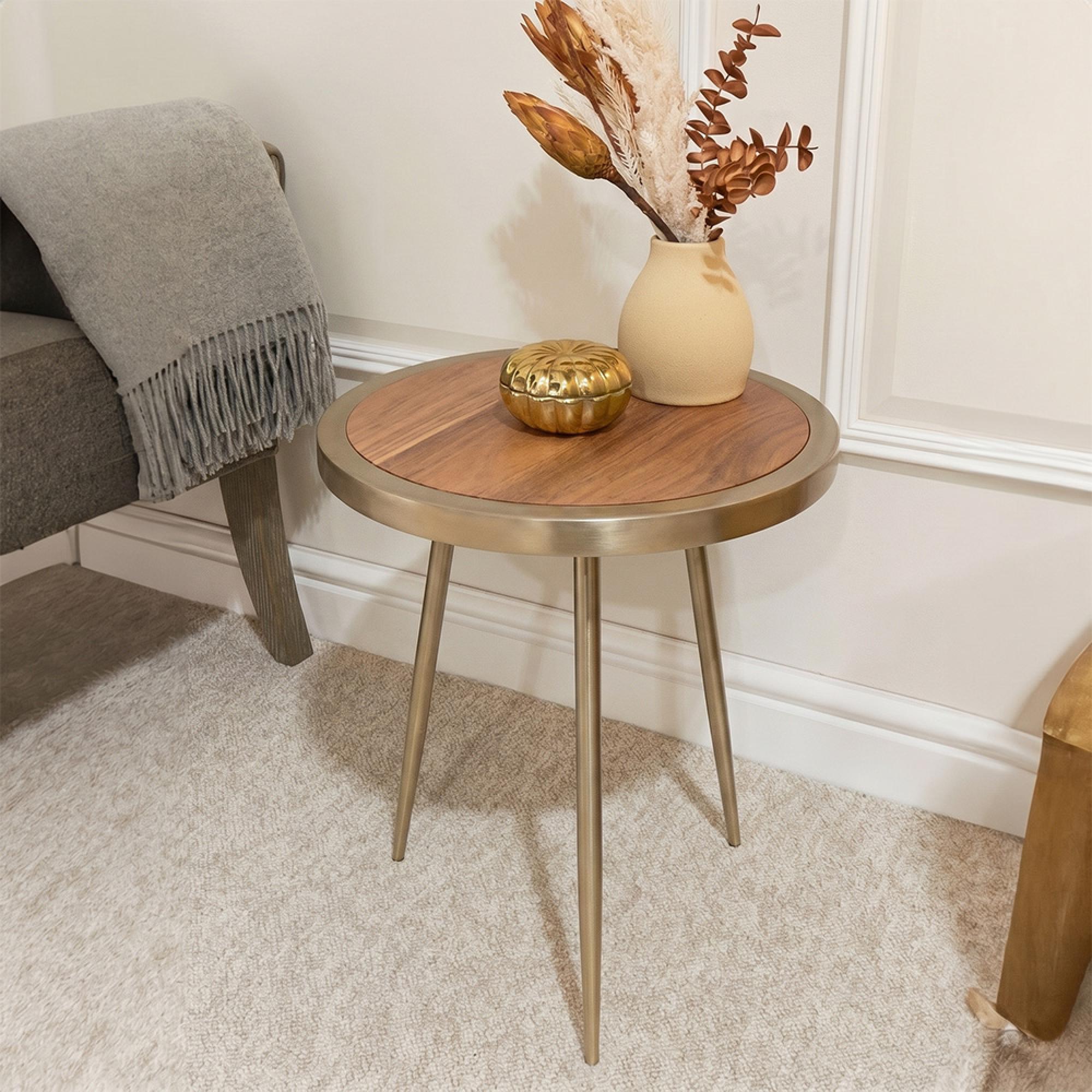 Almora Side Table - Small Round - Acacia Wood and Metal