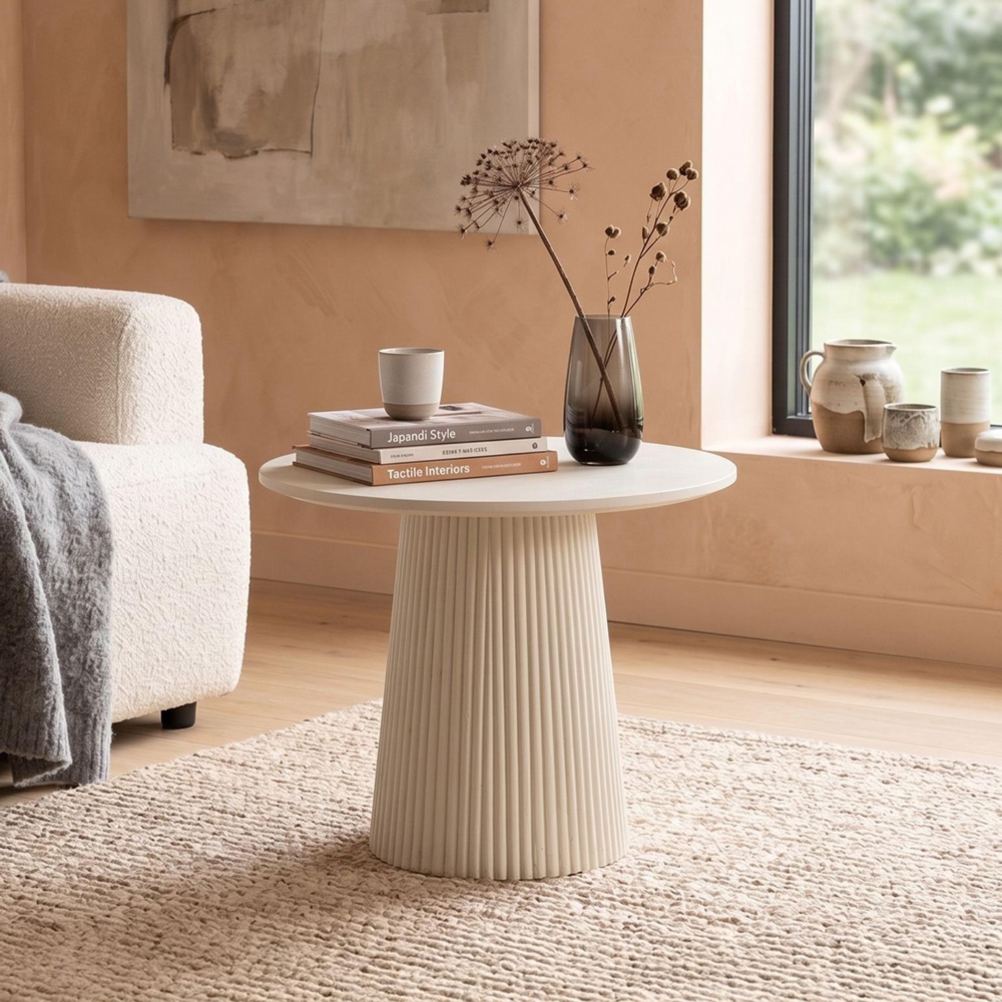 Patrice Fluted Side Table - Round - Off White - Mango Wood