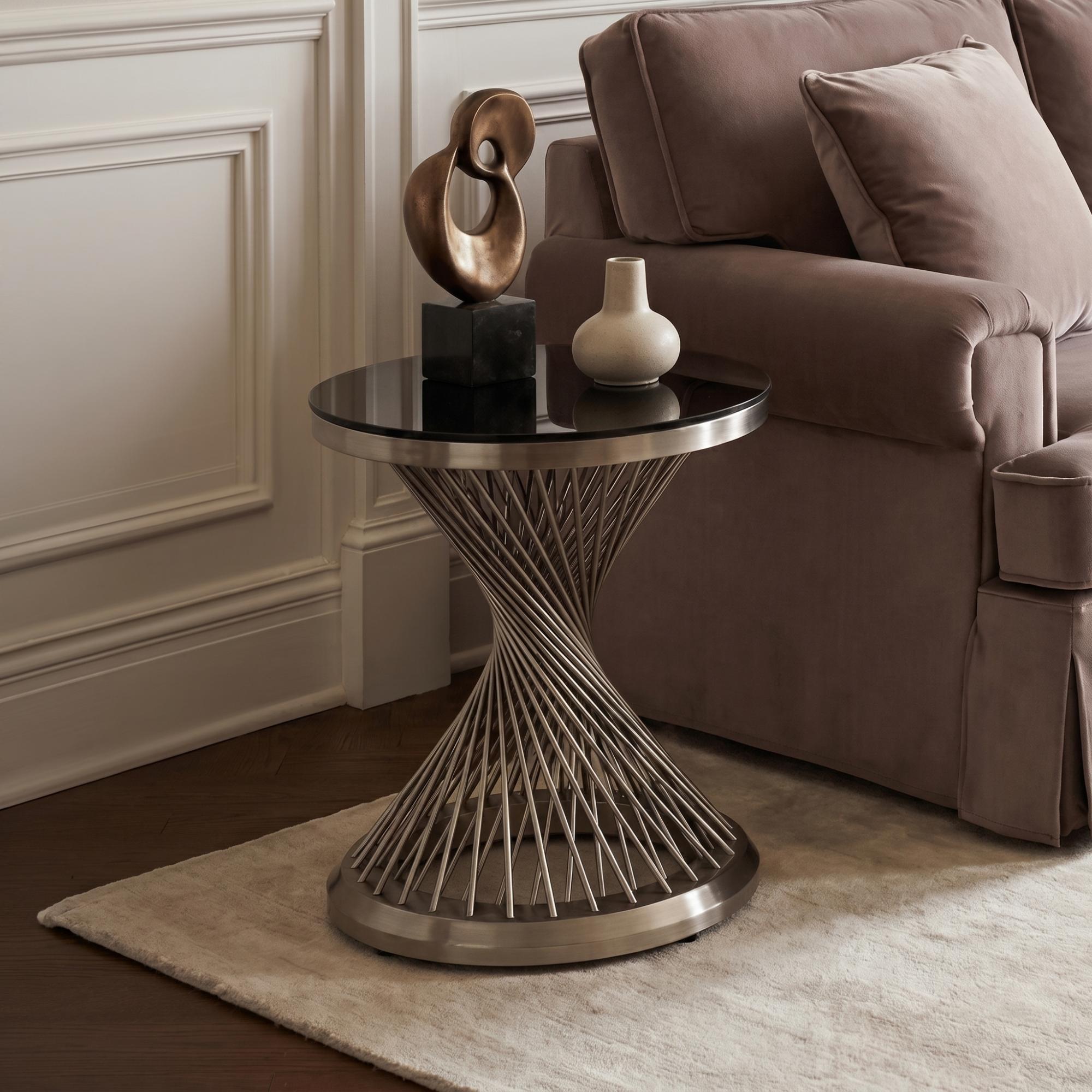 Anzio Side Table - Round - Black Glass with Chrome Hourglass Base