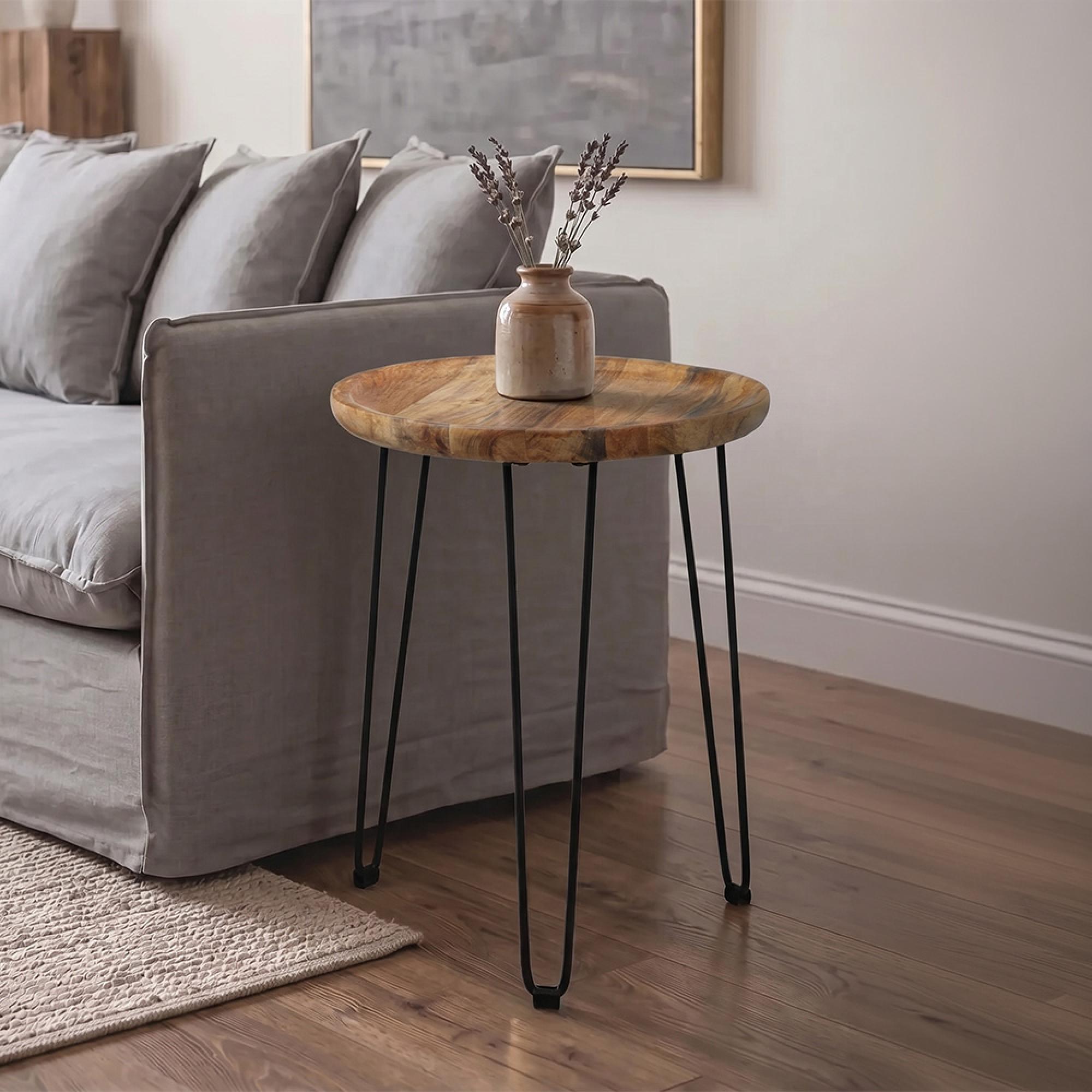 Boho Side Table - Small Round with Hairpin Legs - Mango Wood