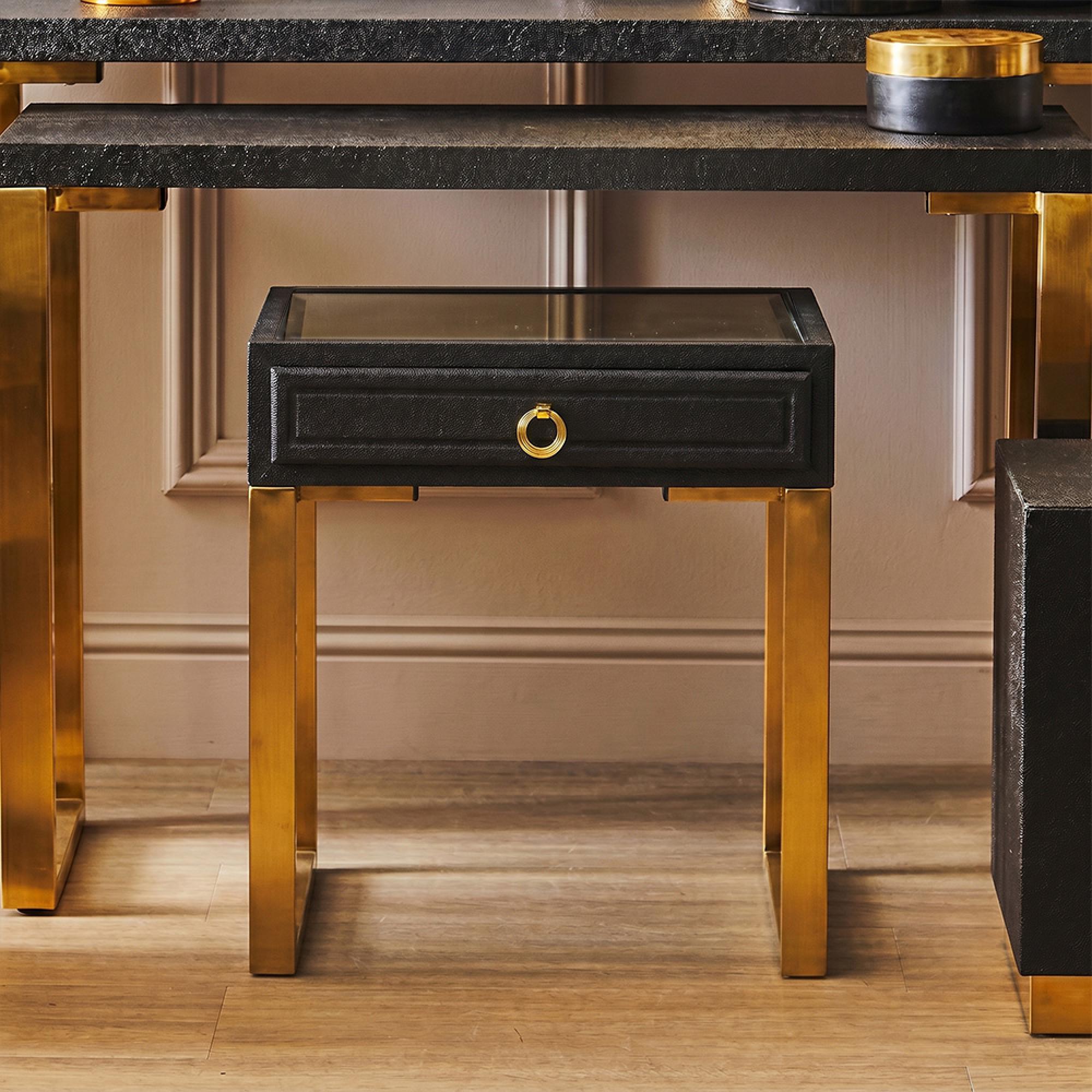Cardoba Side Table - 1 Drawer - Faux Shagreen with Gold Legs