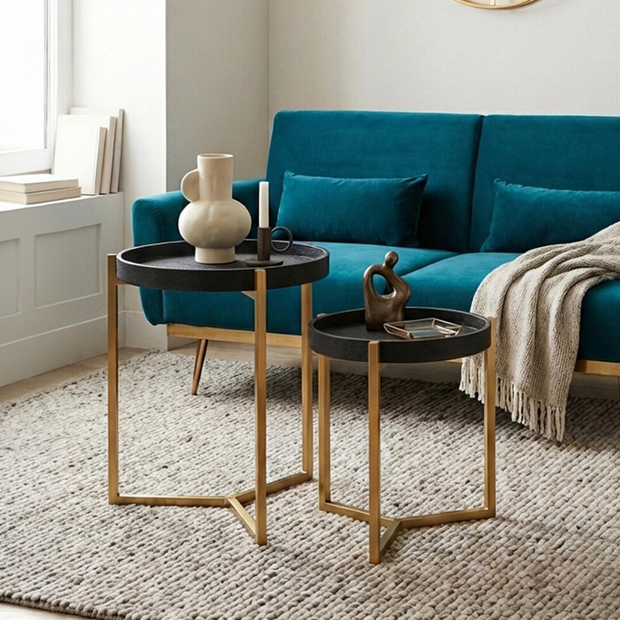 Cardoba Side Tables - Set of 2 - Black Faux Shagreen with Gold Legs - Round