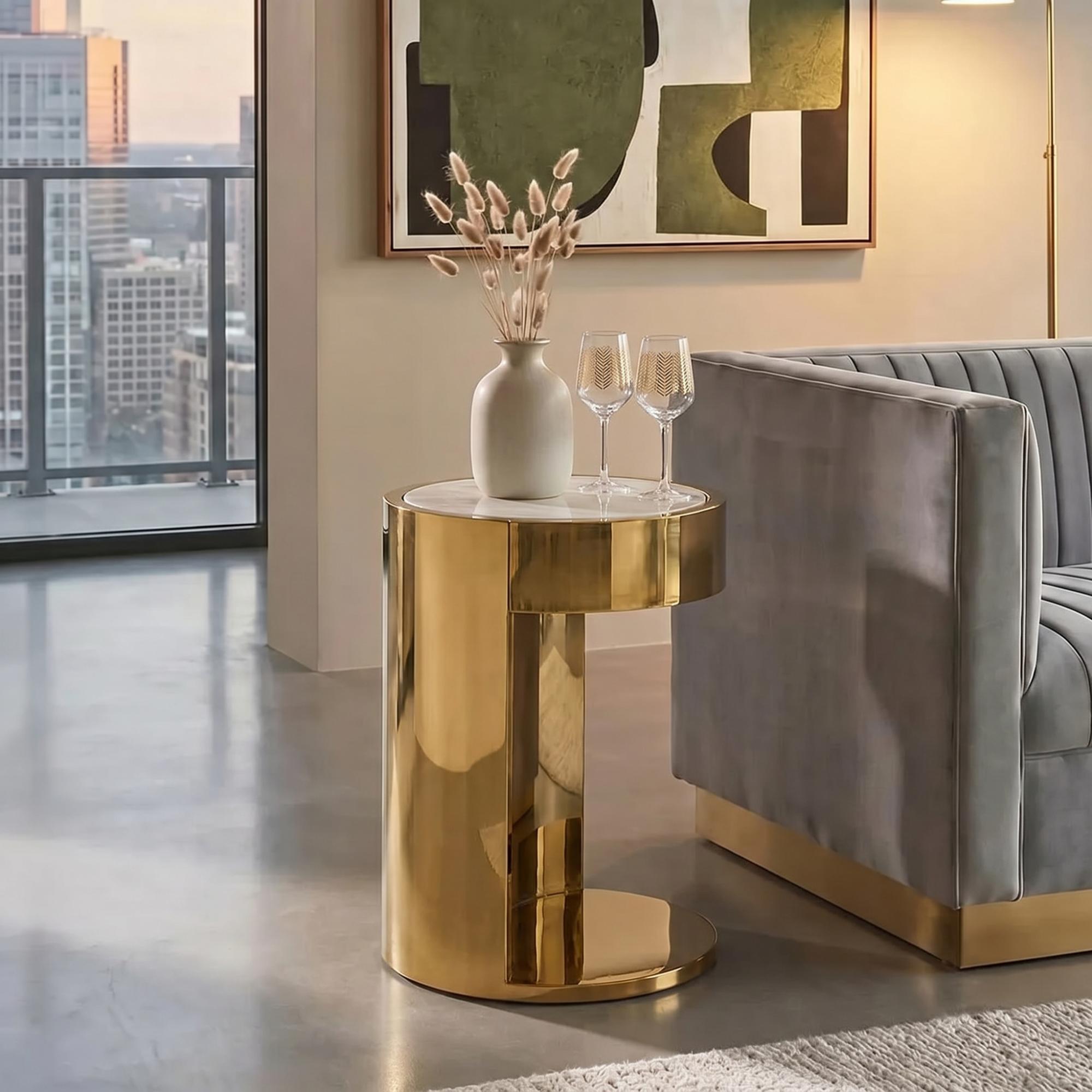 Carlox Side Table - Small - Round - White Marble Effect with Gold Metal