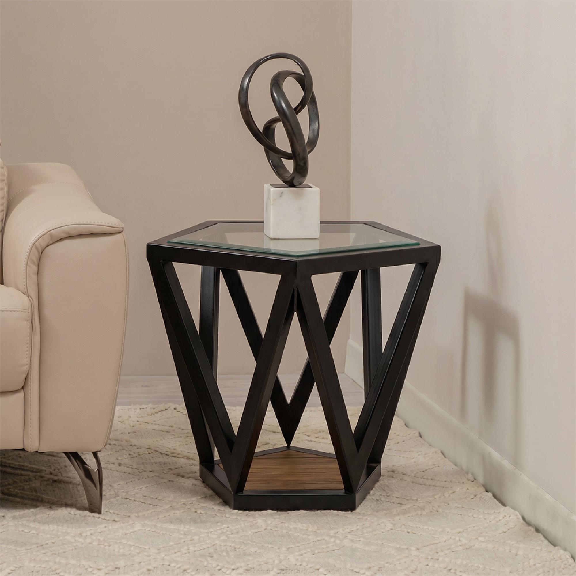 Cibo Side Table - Pentagonal - Clear Glass with Black Metal
