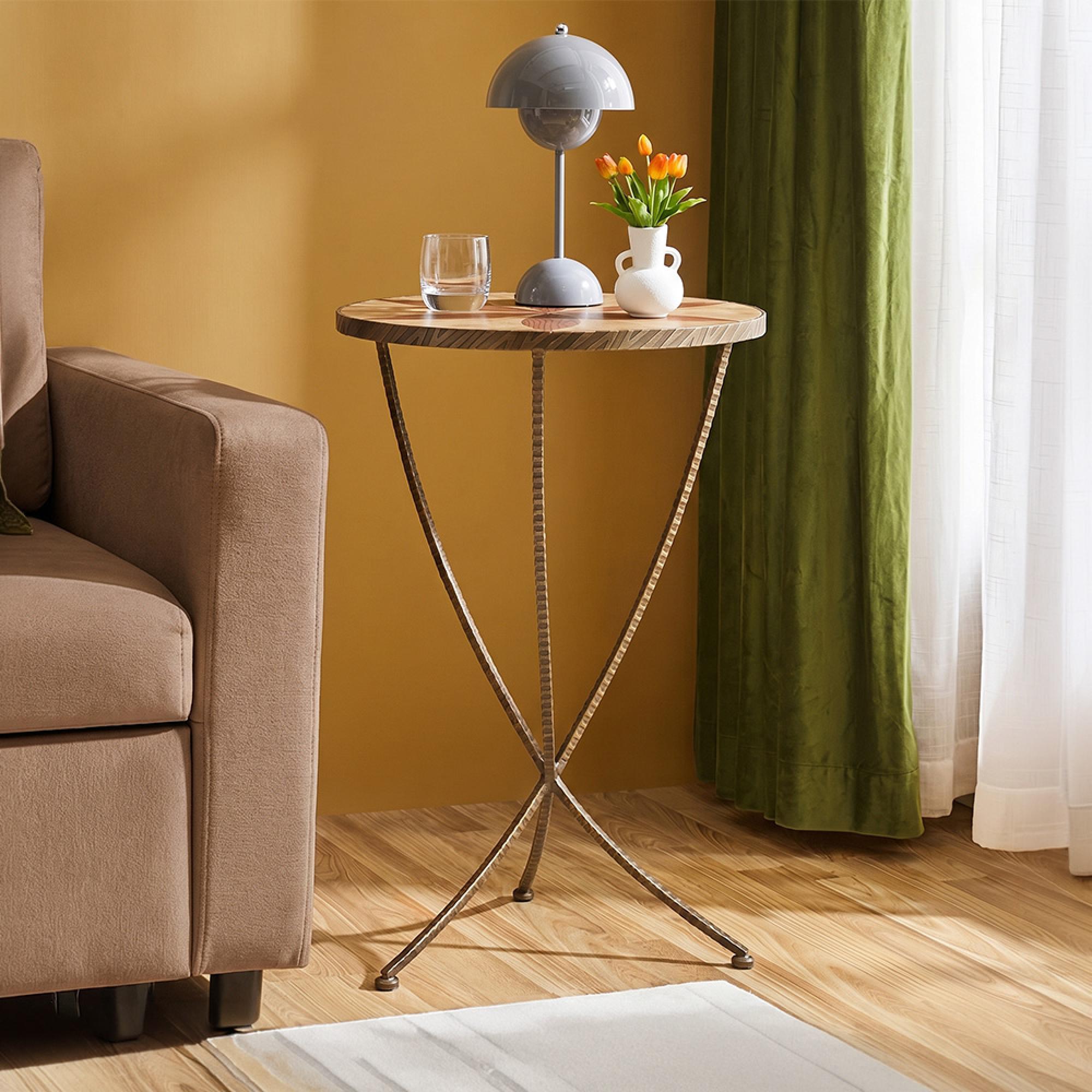 Elmo Side Table - Large - Round - Elm Wood and Metal