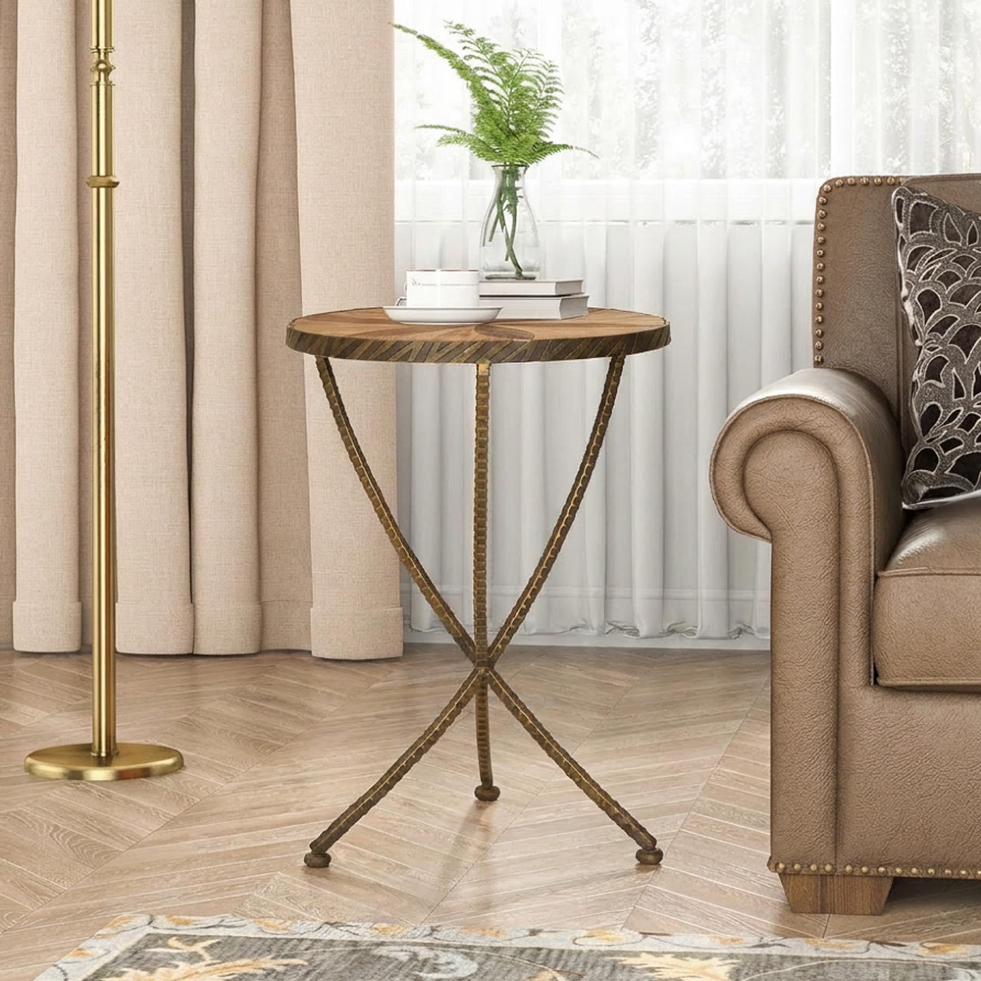 Elmo Side Table - Small - Round - Elm Wood and Metal