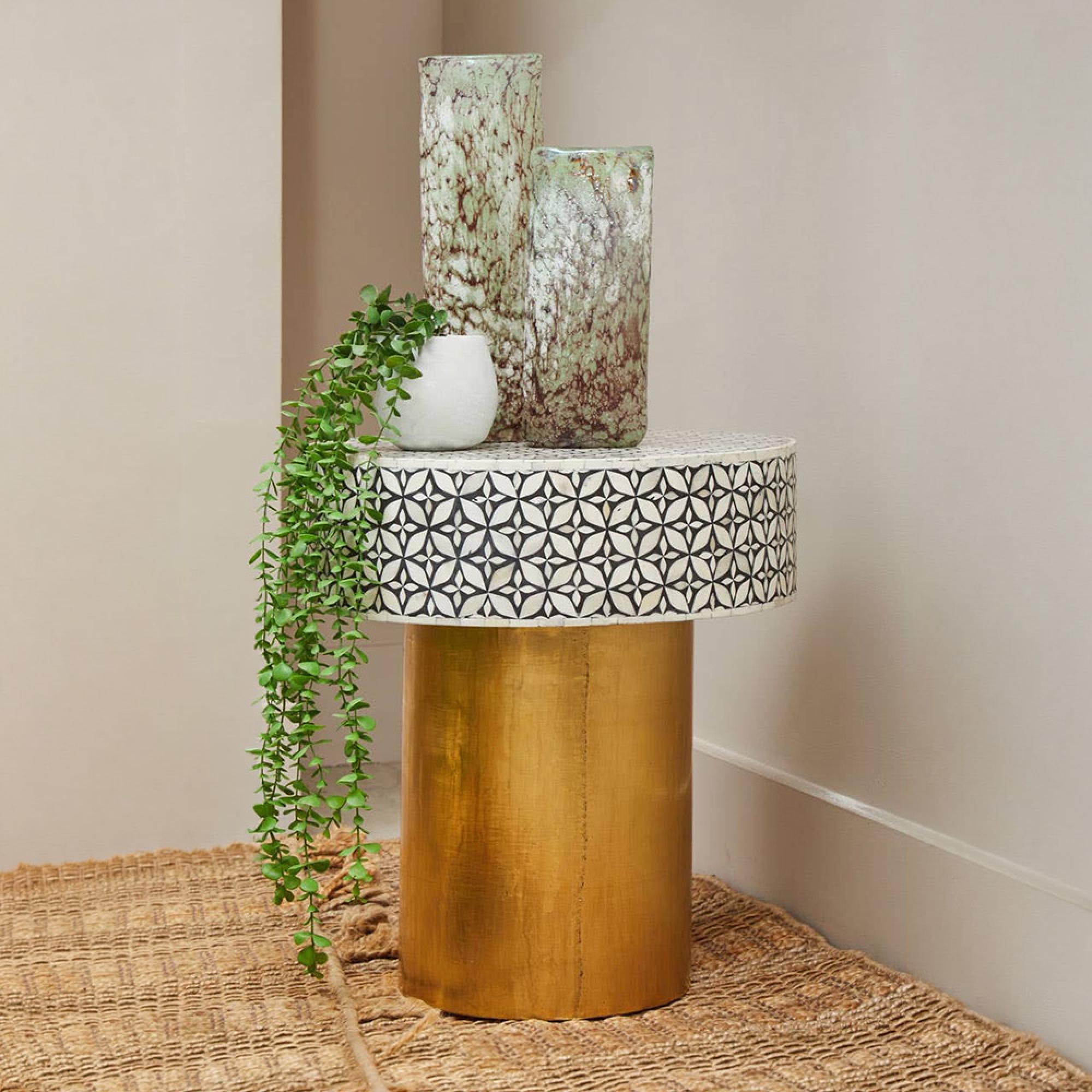 Fusion Side Table - Round - White Bone Inlay with Gold Base