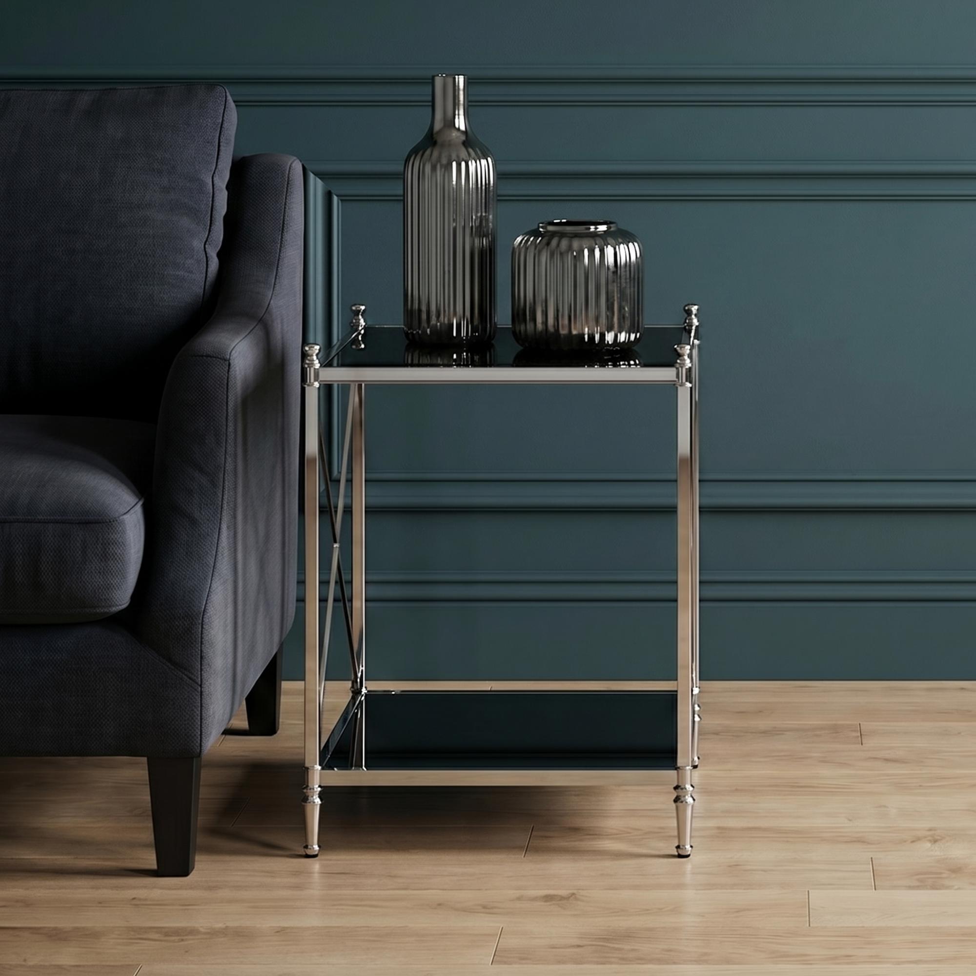 Hoffmann Side Table - Black Glass with Silver Metal