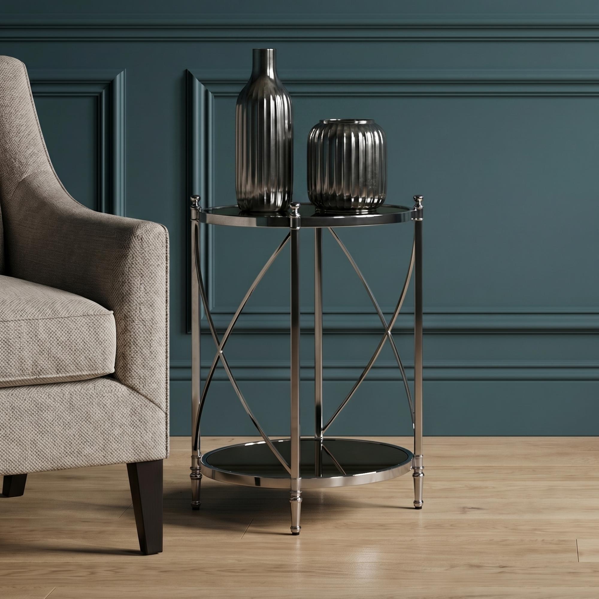Hoffmann Side Table - Round - Black Glass with Silver Metal