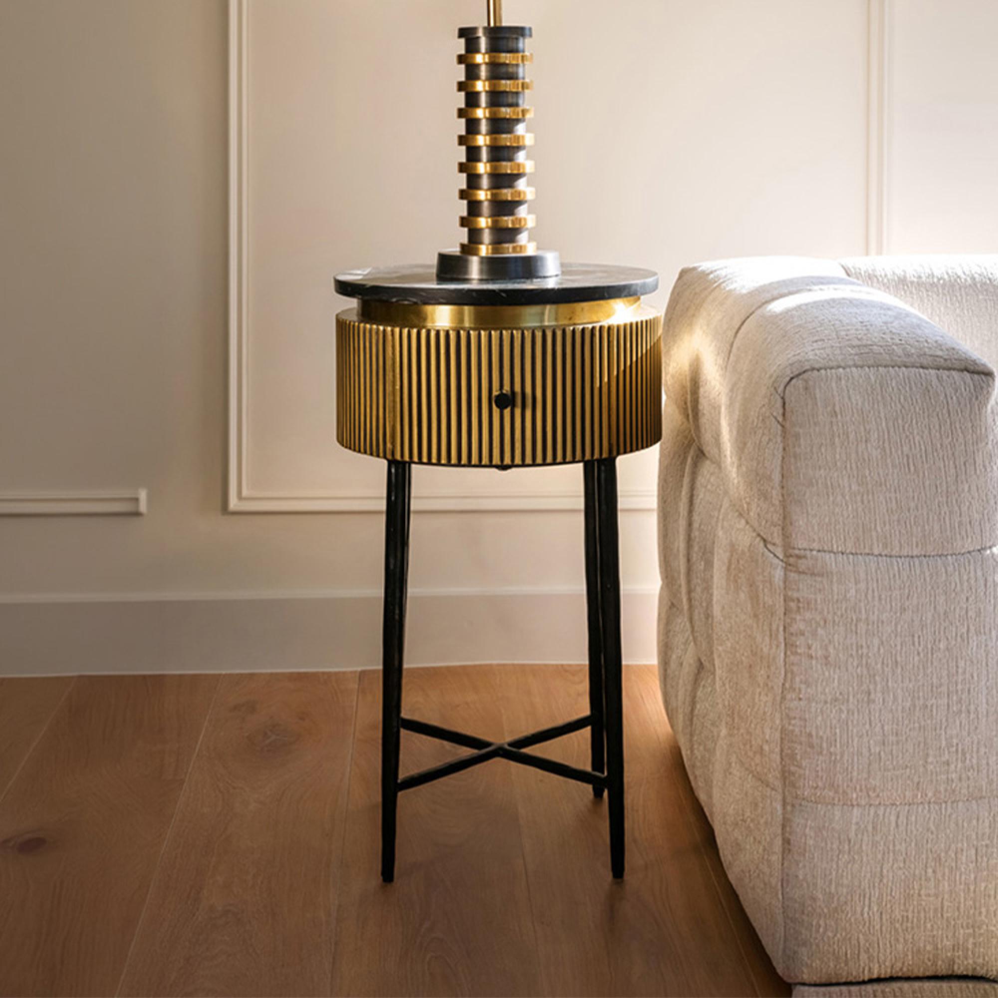Ironville Brass Ribbed 1 Drawer Round Side Table