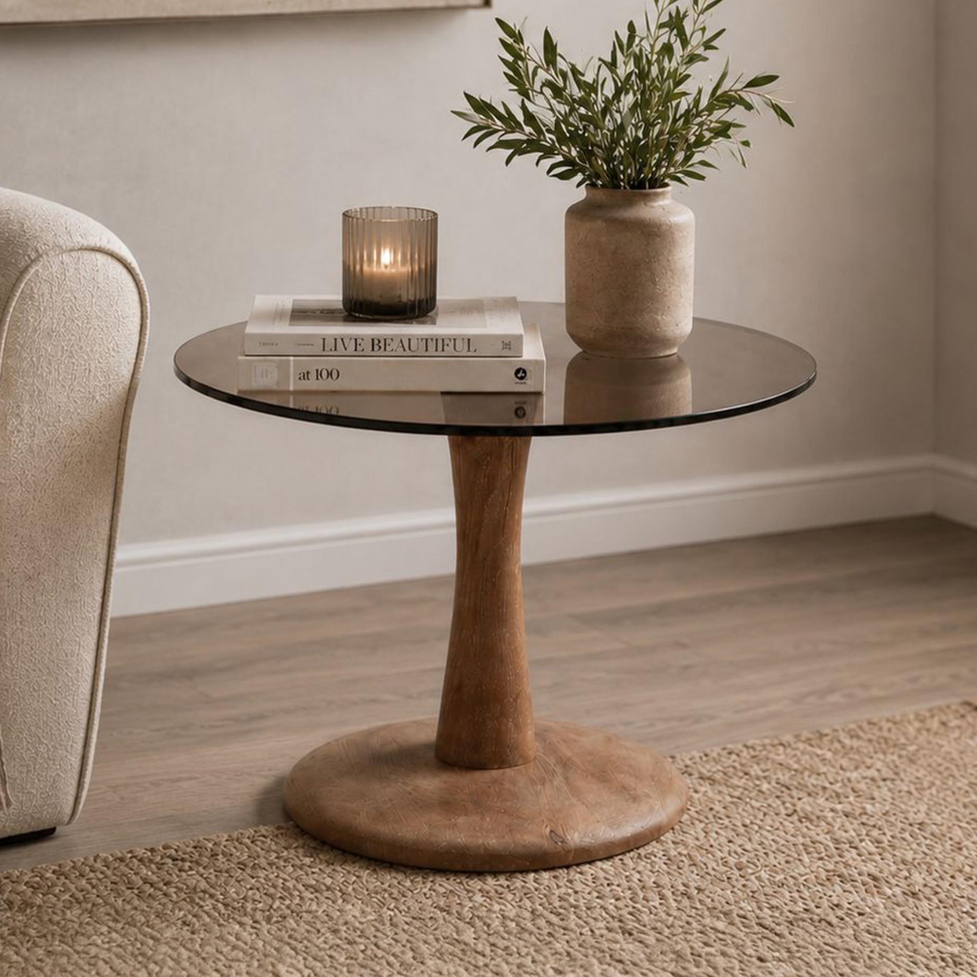 Brix Faye Side Table - Round - Almond - Glass and Mango Wood