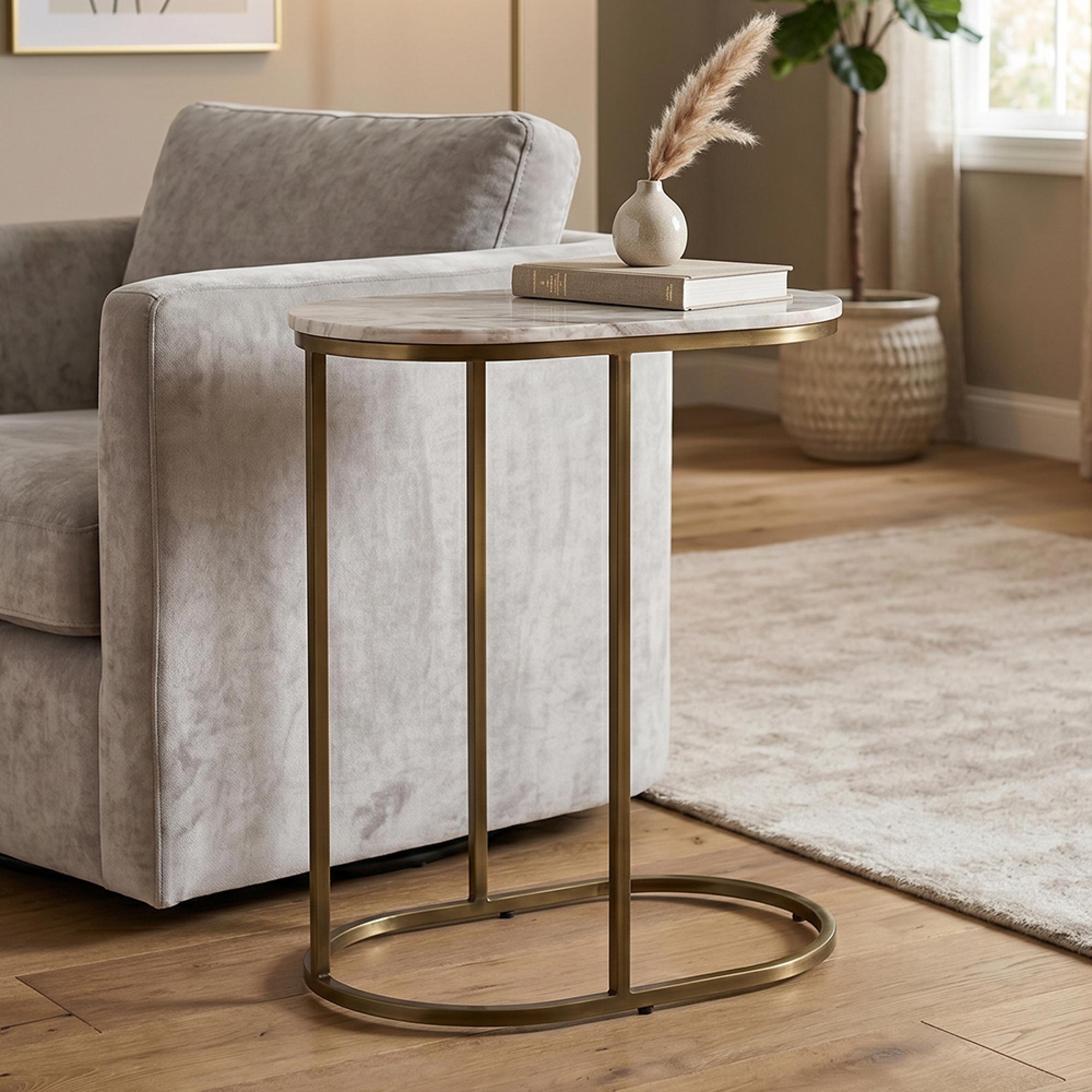 Bottega Side Table - Oval - Blush Beige - Marble and Metal