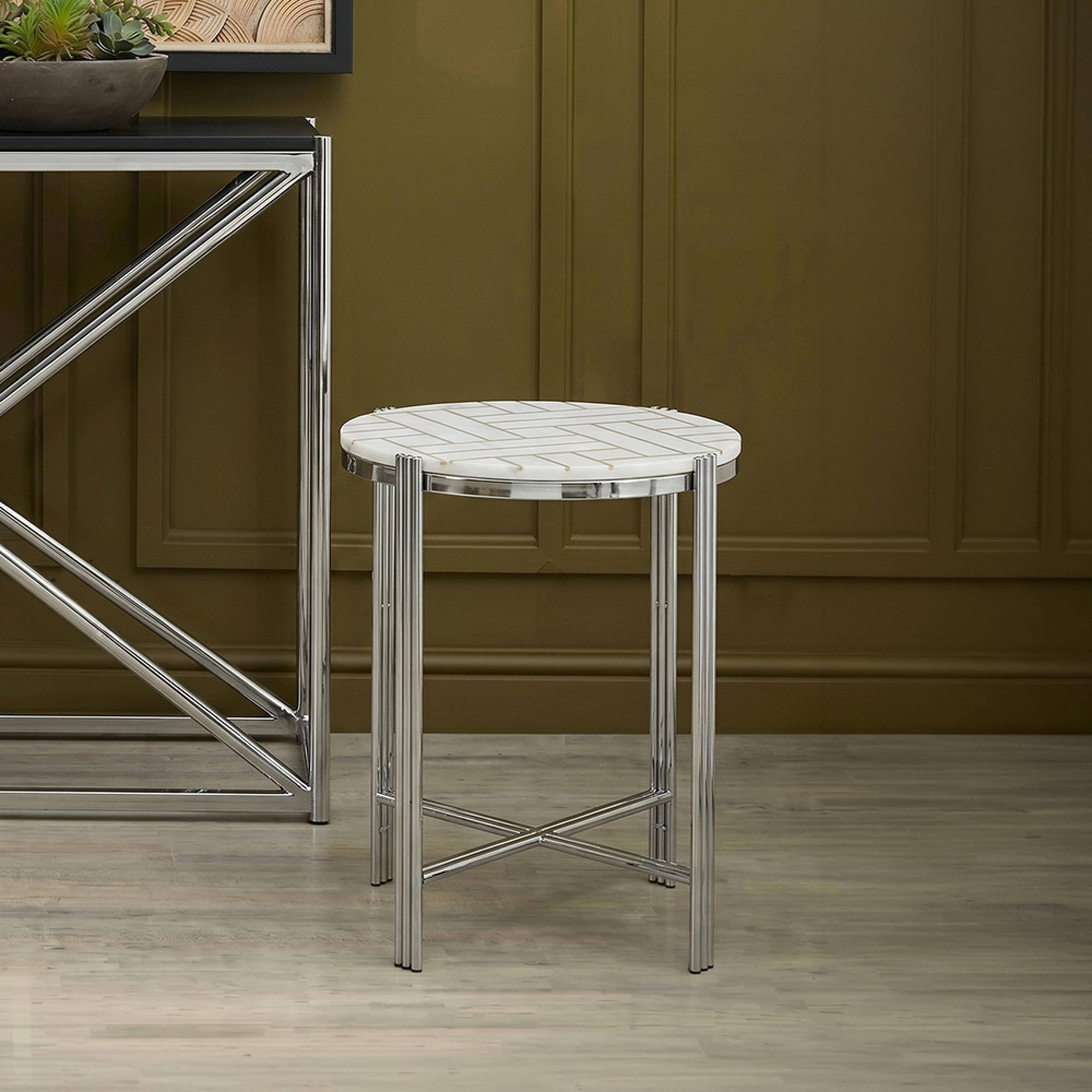 Eva Side Table - Round - White Marble with Silver Metal