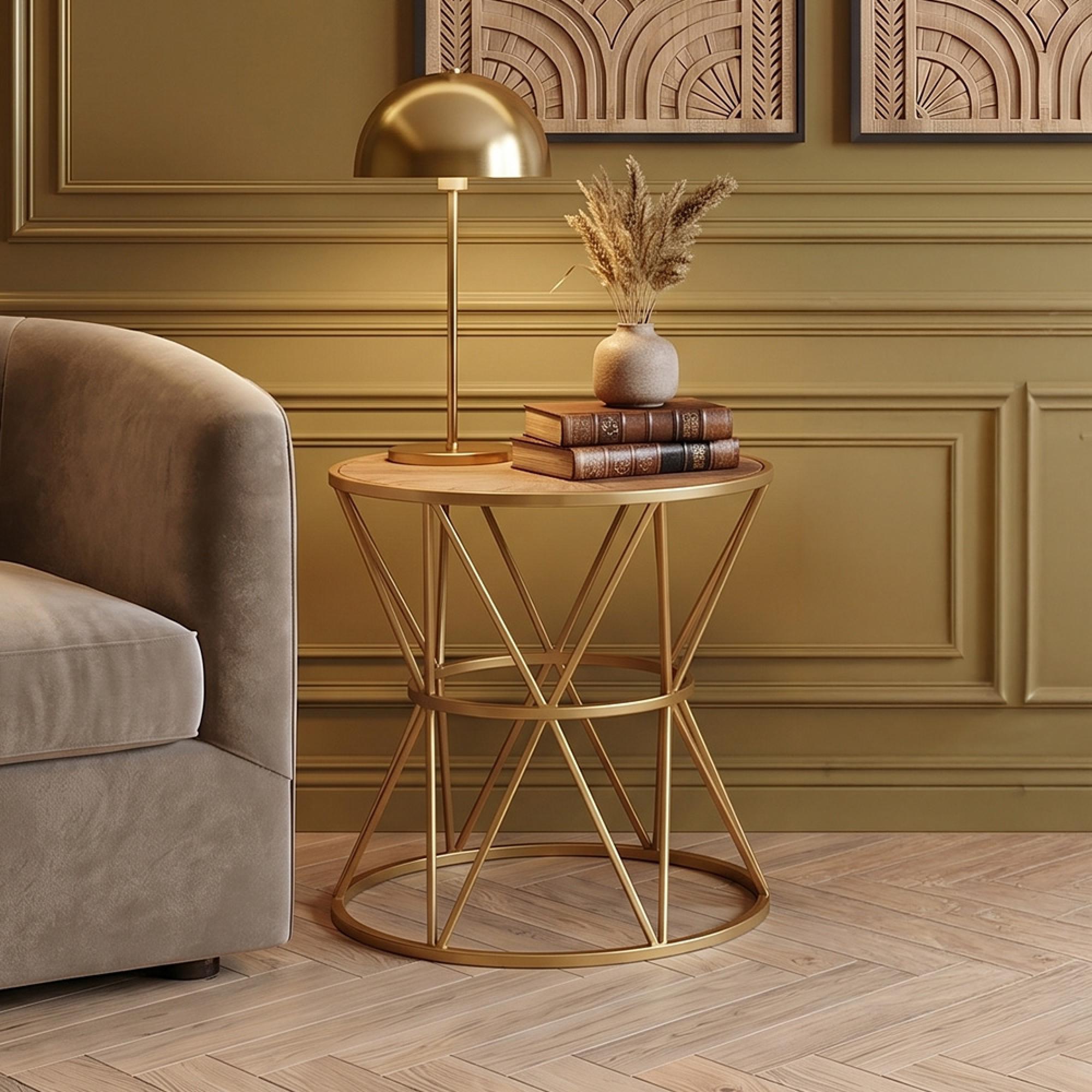 Jodi Side Table - Round - Elm Wood with Gold Metal
