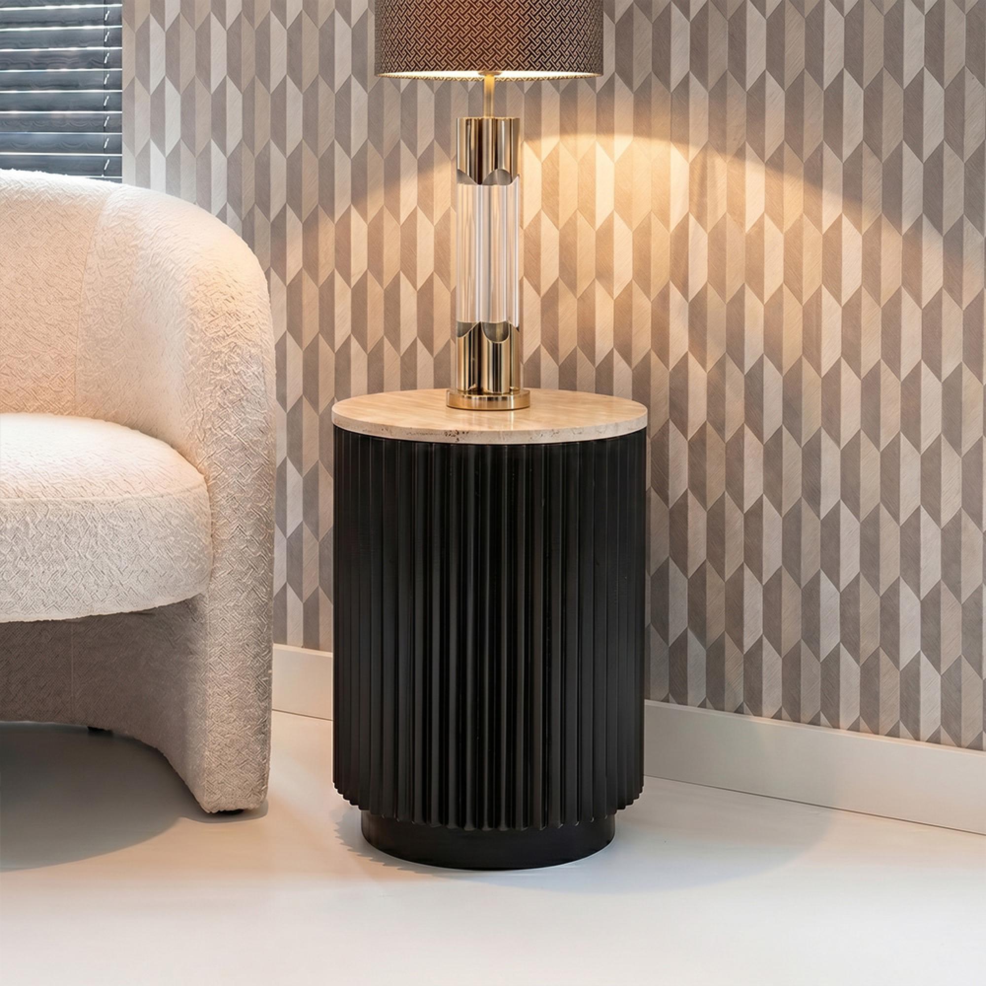 Hampton Travertine Beige Top Round Side Table with Black Fluted Base