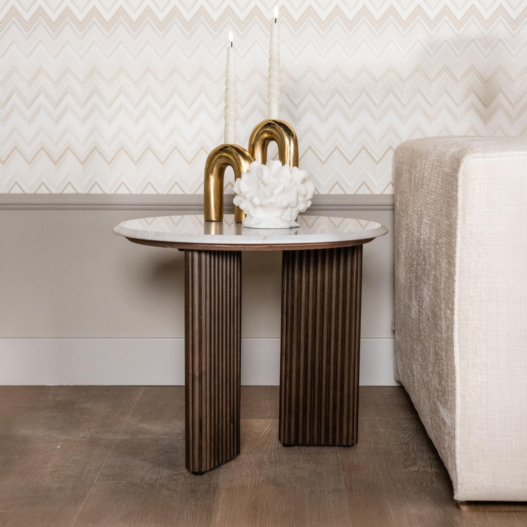 Mayfield White Marble Top Round Side Table - Dark Wood Fluted Base
