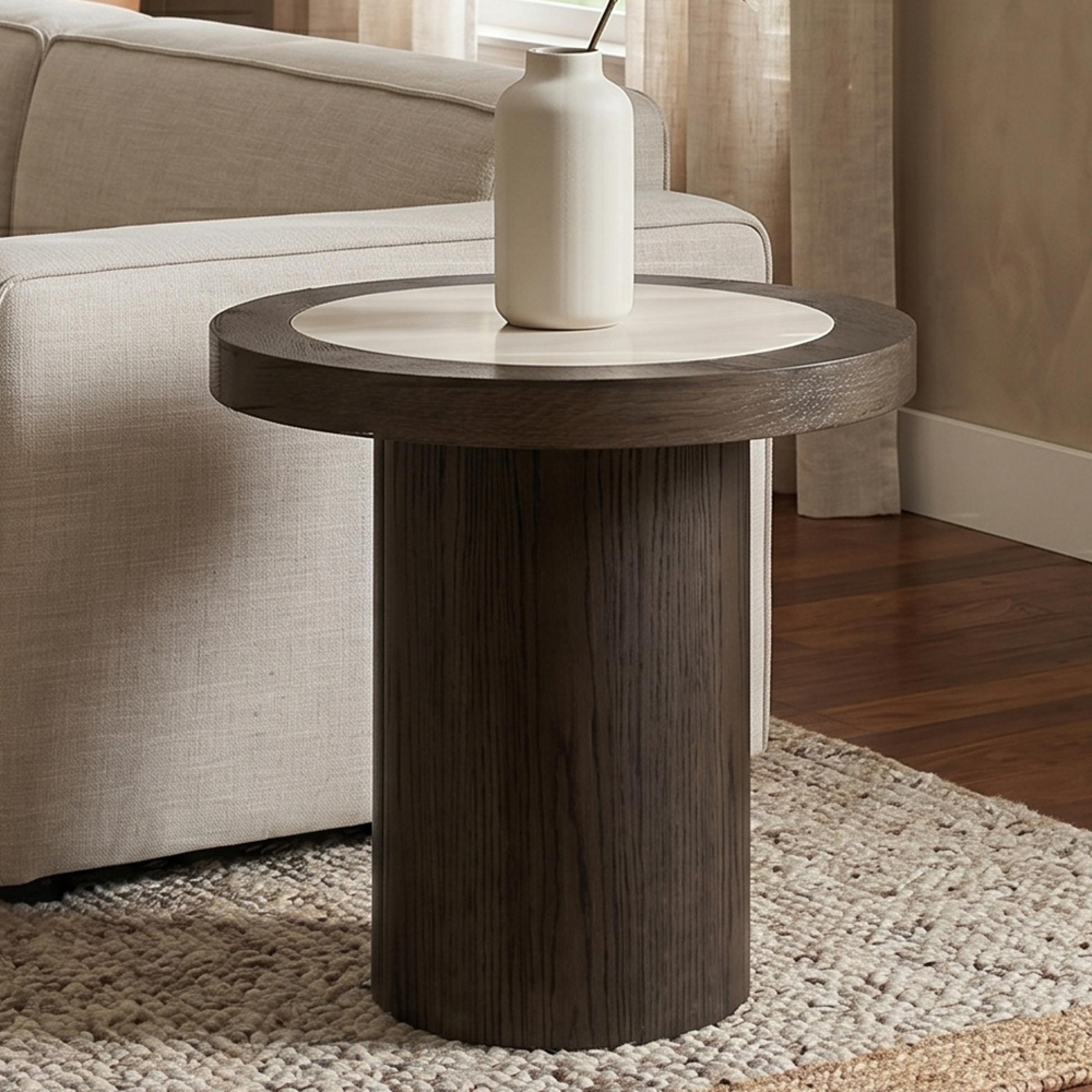 Nando End Table - Round - Brown - Ceramic and Oak
