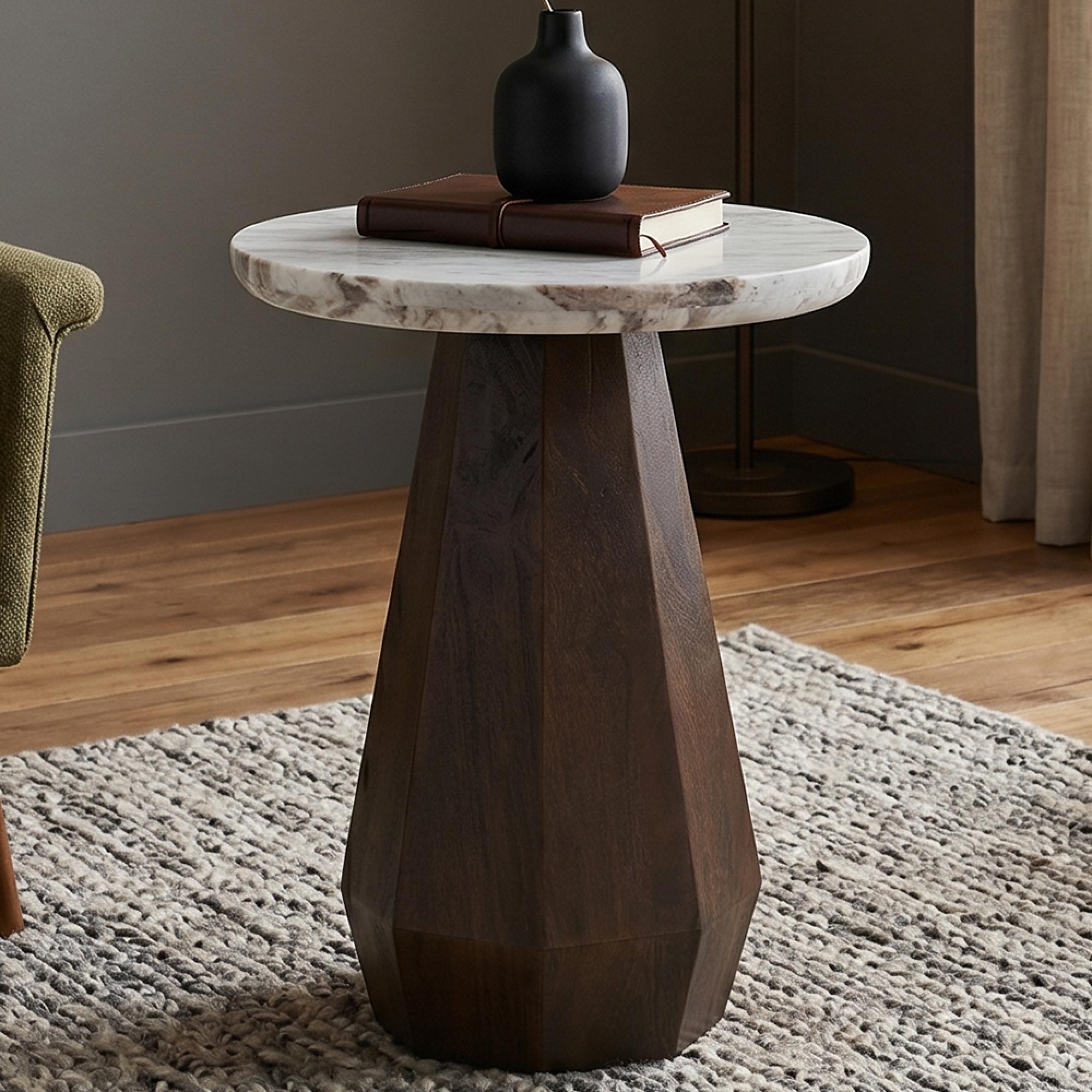 Oberoy End Table - Round - Blush Beige - Ceramic and Mango Wood