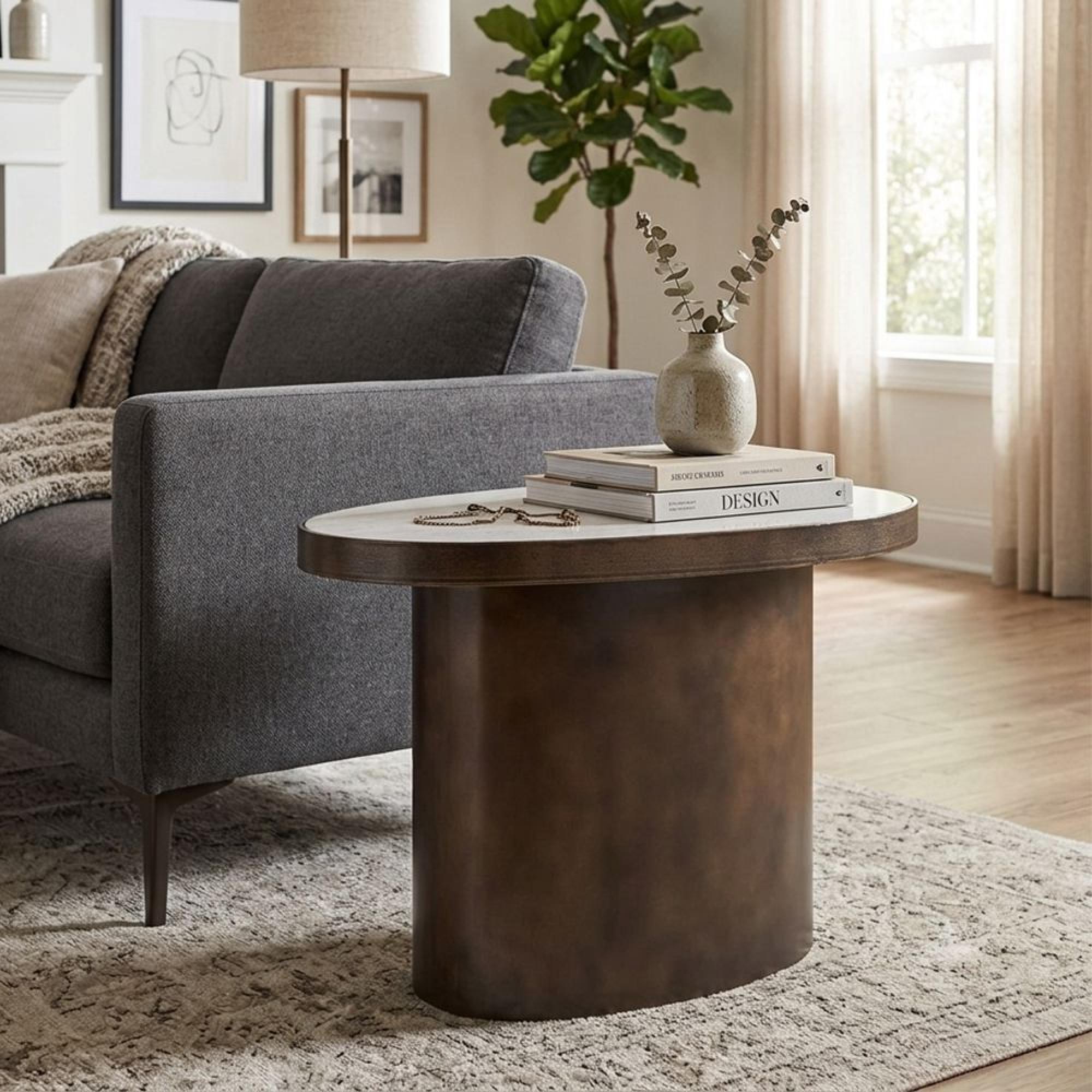 Biloxi End Table - Pedestal Base - Brown - Marble and Metal