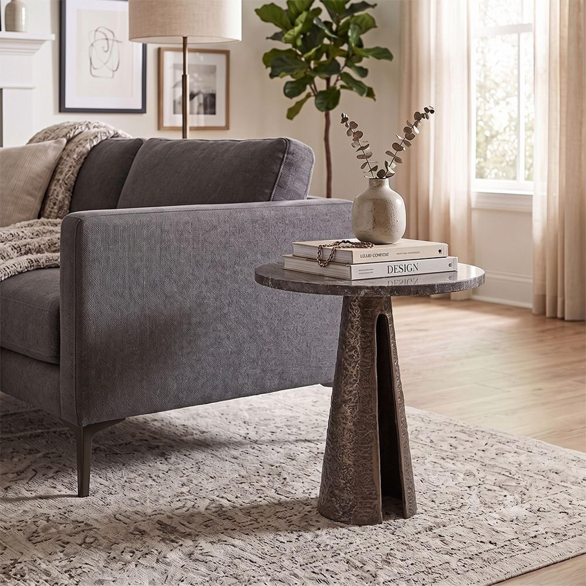 Eldora End Table - Round - Cone Base - Bronze - Travertine and Metal