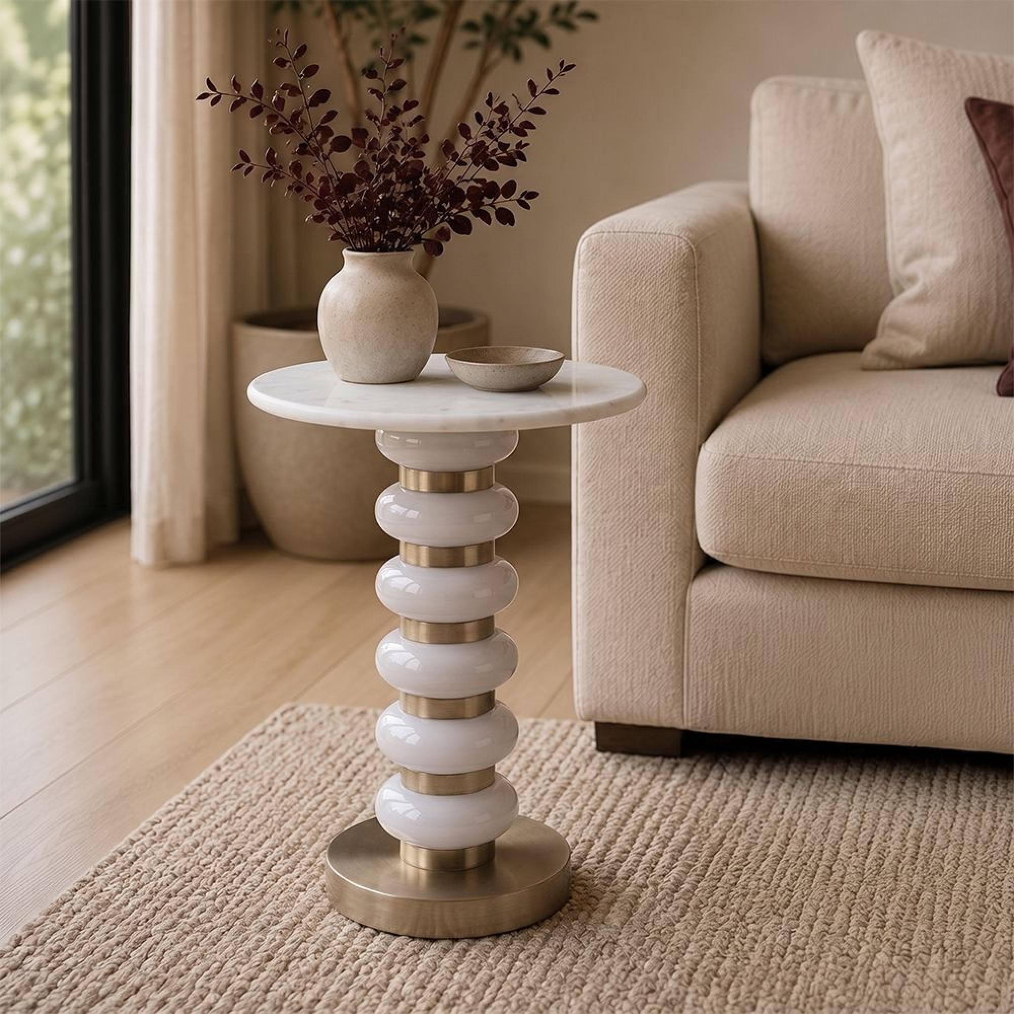 Villeray End Table - Round - White - Marble and Aluminum