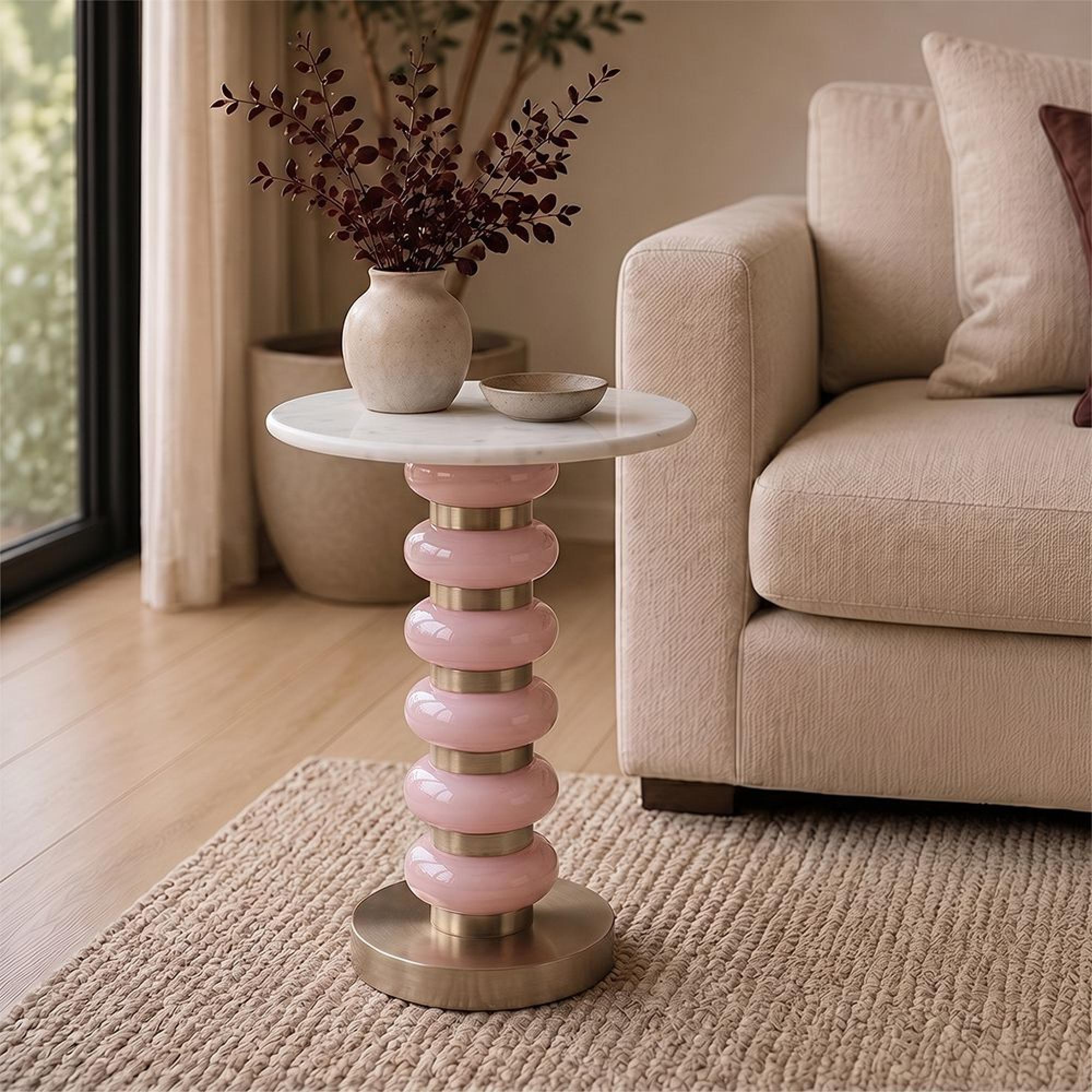 Villeray End Table - Round - White and Pink - Marble and Aluminum