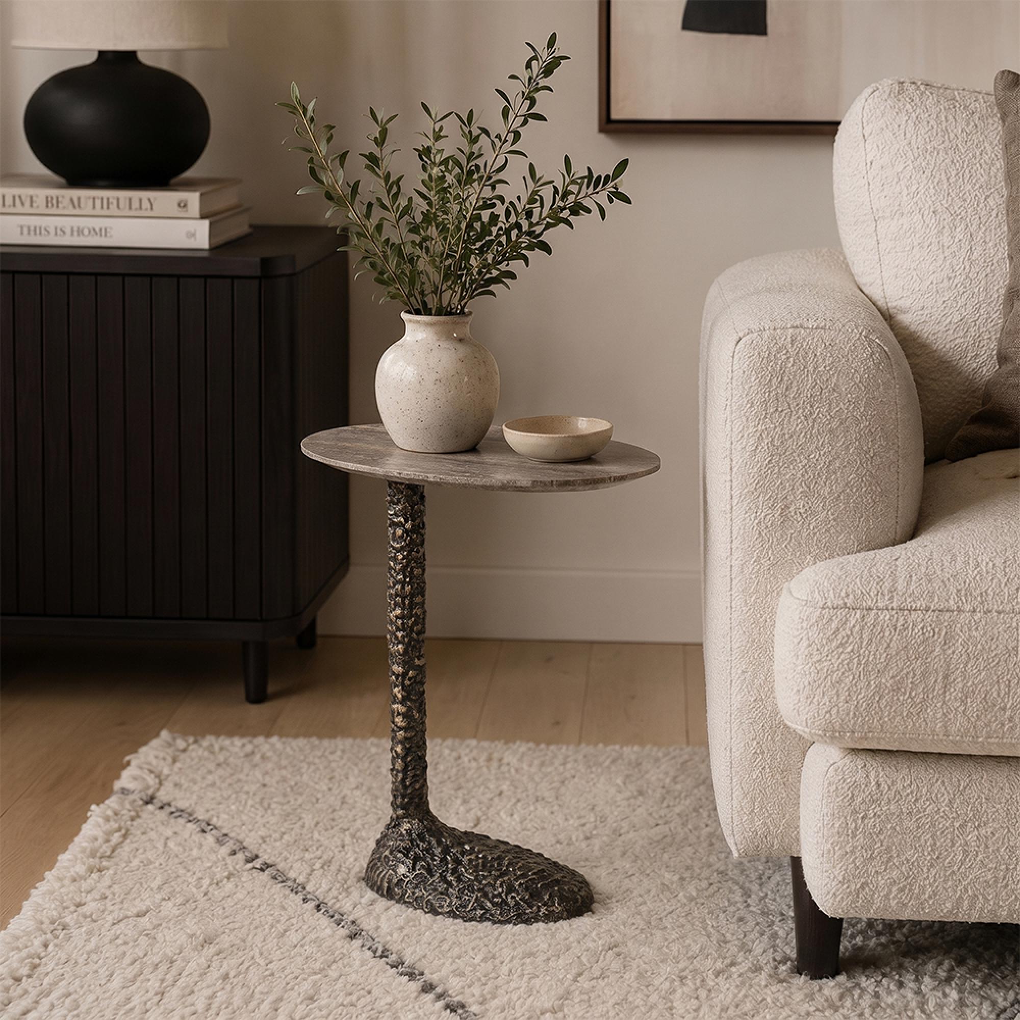 Arosa End Table - Oval - Brown and Black - Travertine and Aluminium