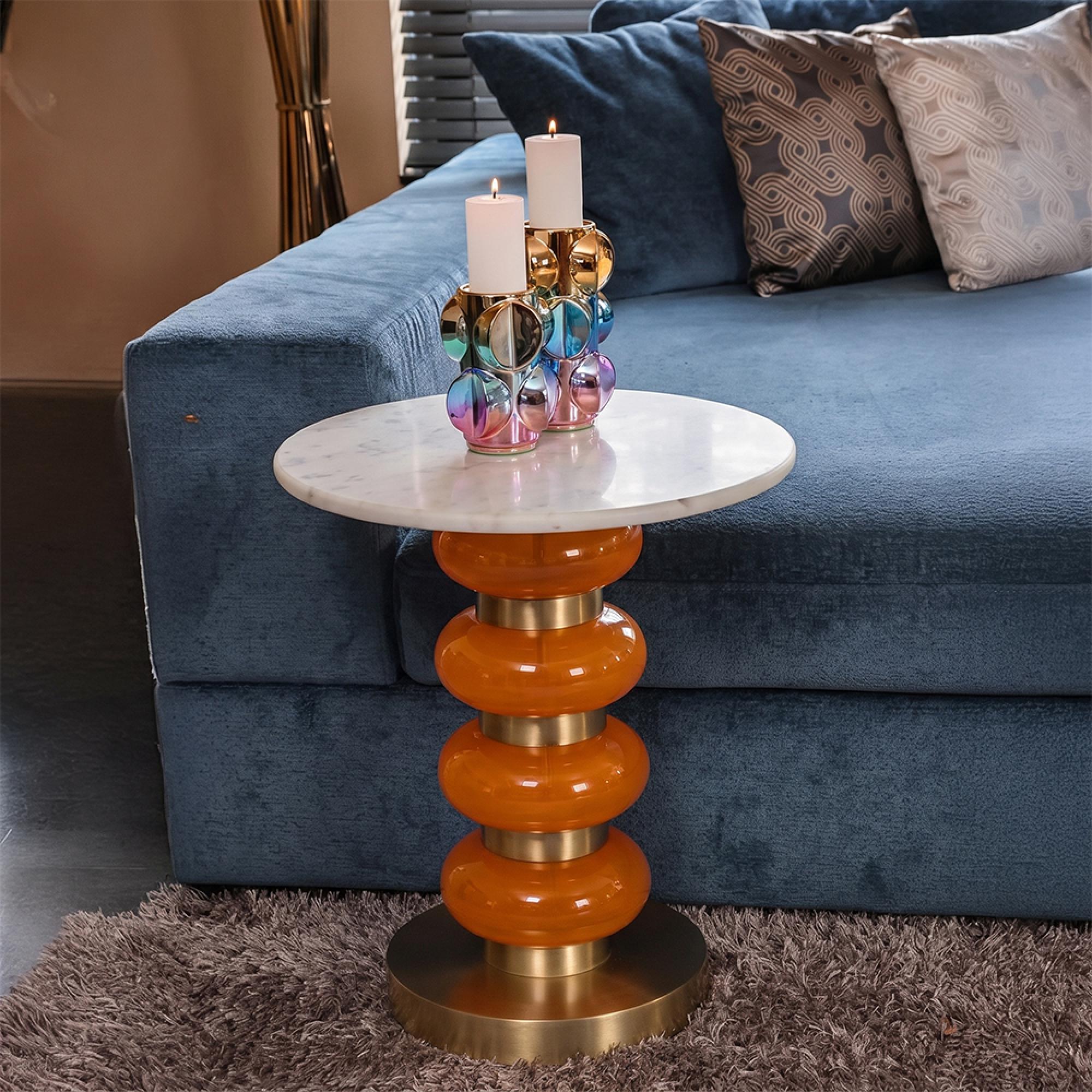 Boann End Table - Round - White and Orange - Glass and Marble