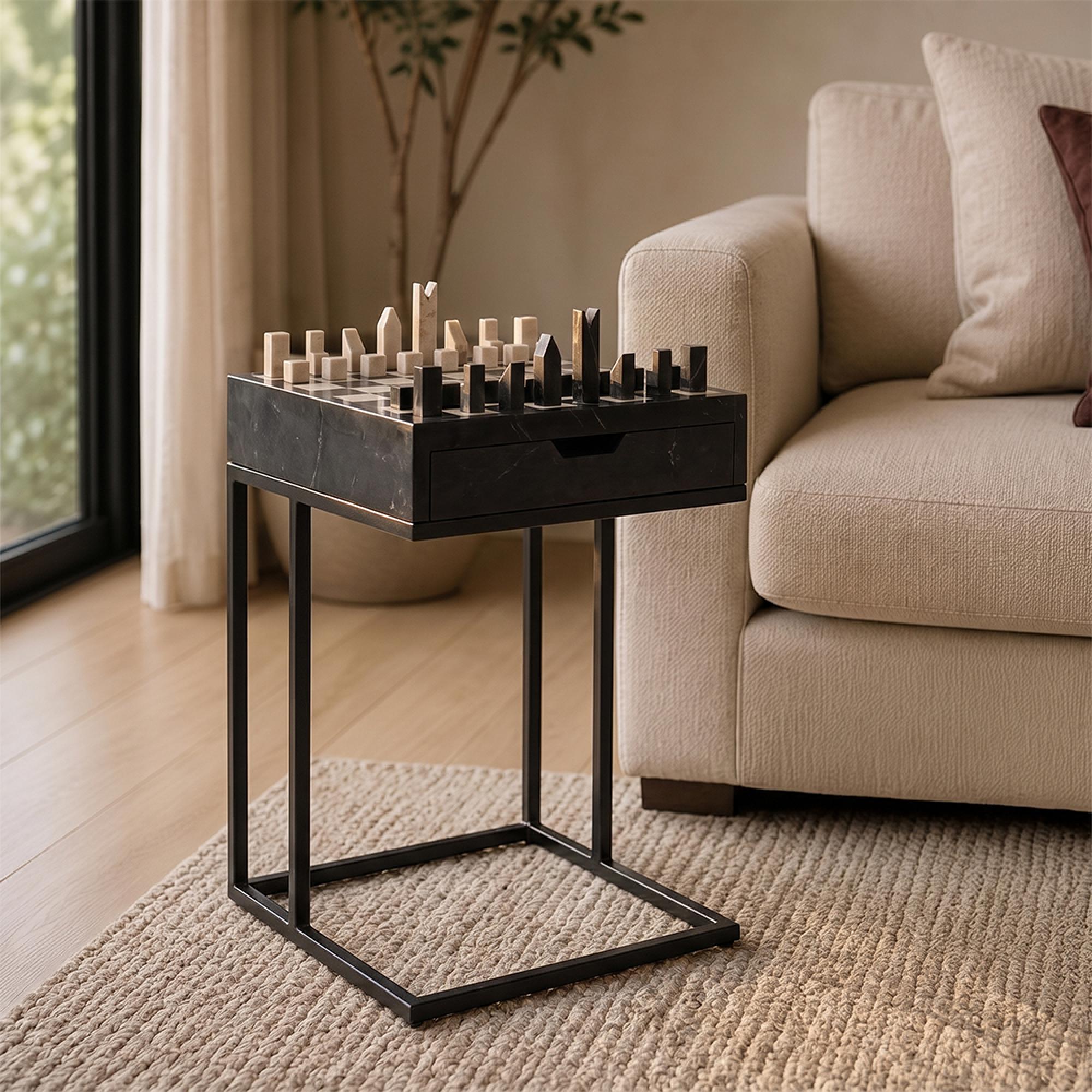 Davos End Table - 1 Drawer - Square - Black - Marble and Metal