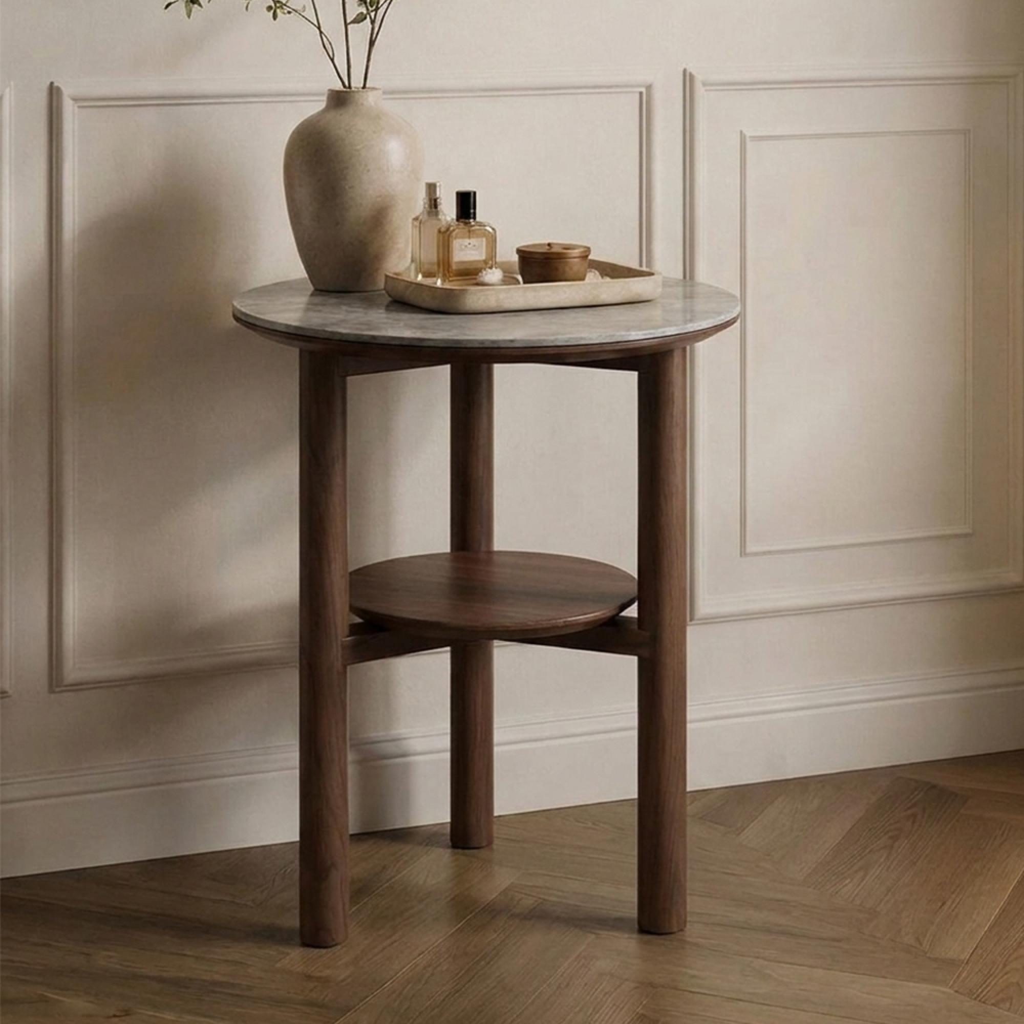 Willow Lamp Table - Round - Tobacco Walnut and Beige - Wood and Marble Effect
