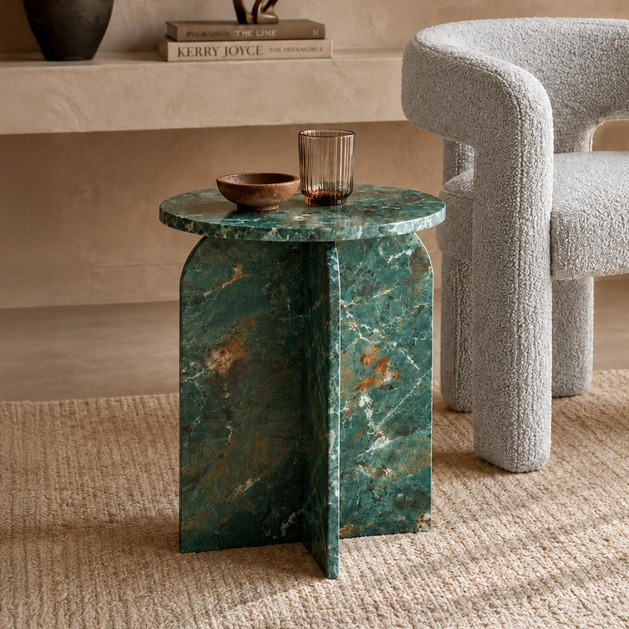 Arco Side Table - Round - Curved Base - Amazon Green - Marble Effect
