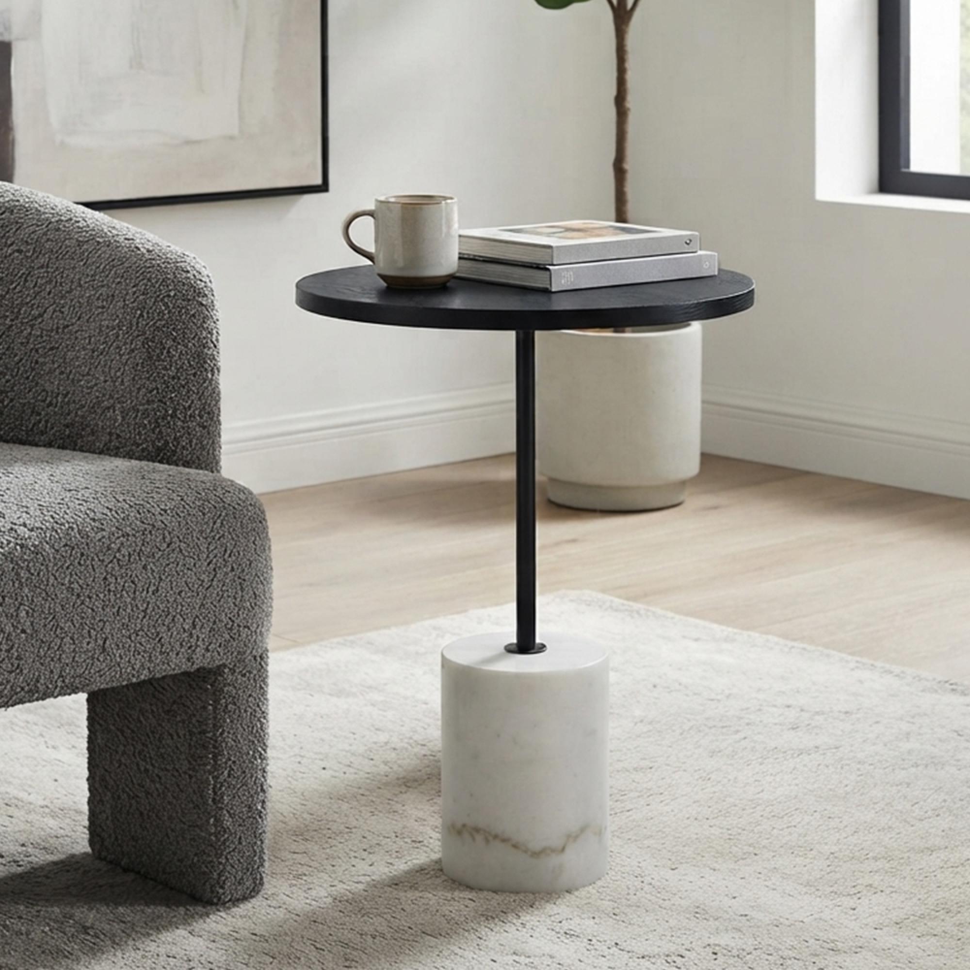 Basil Lamp Table - Round - Black and White - Wood and Marble