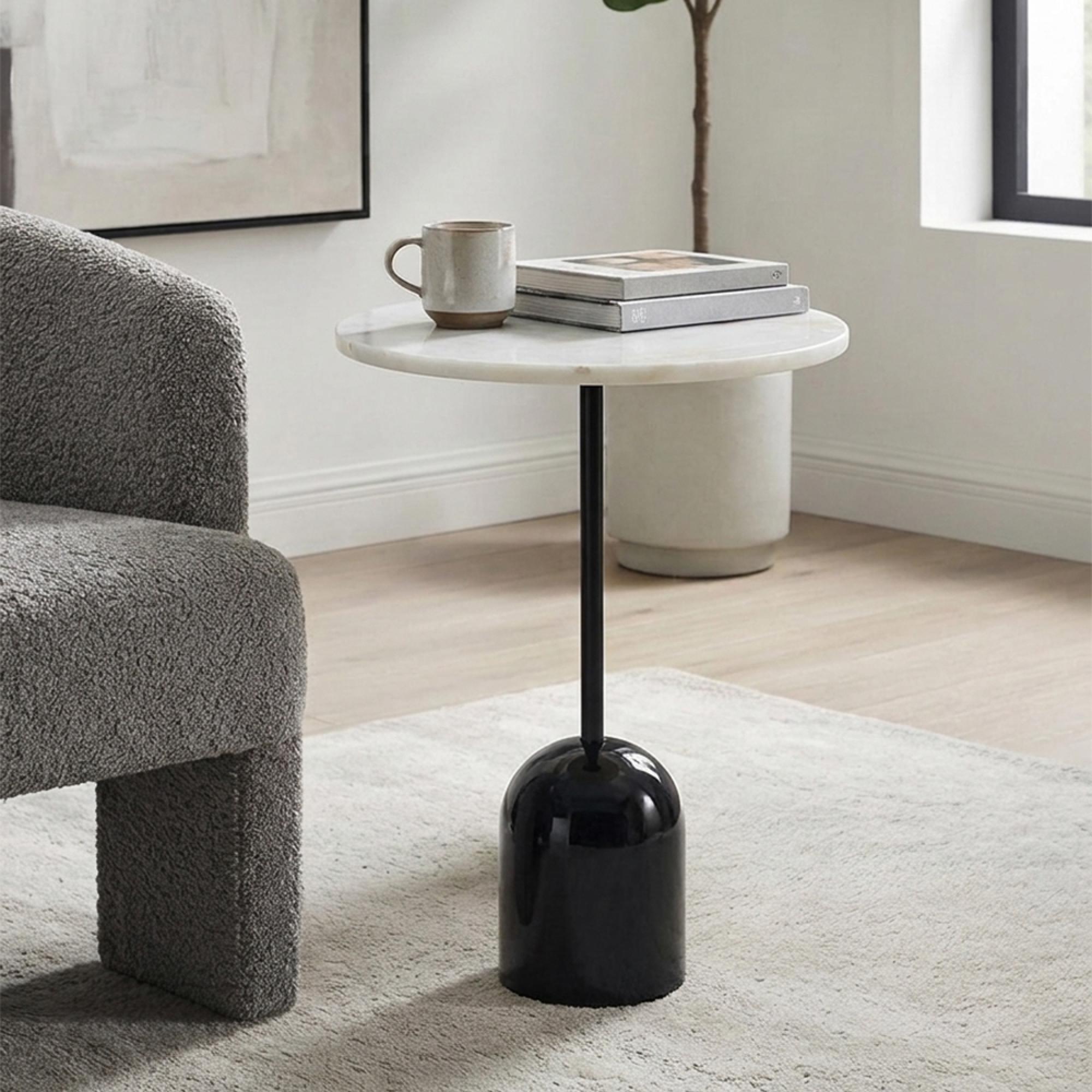 Thyme Lamp Table - Round - White and Black - Marble