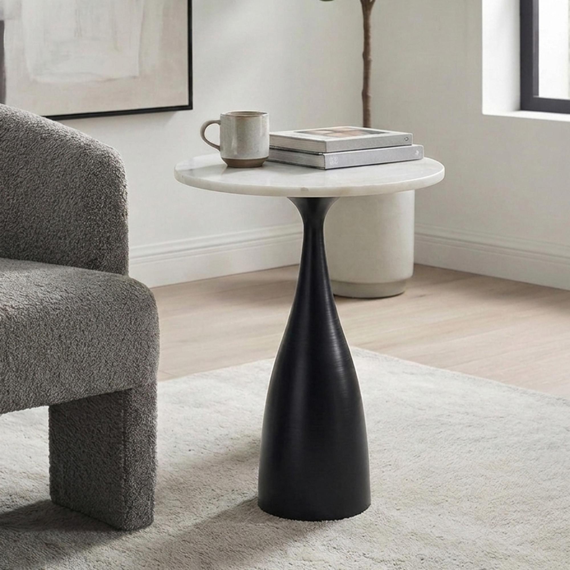 Hazel Lamp Table - Round - Column Base - White and Black - Marble Effect and Metal