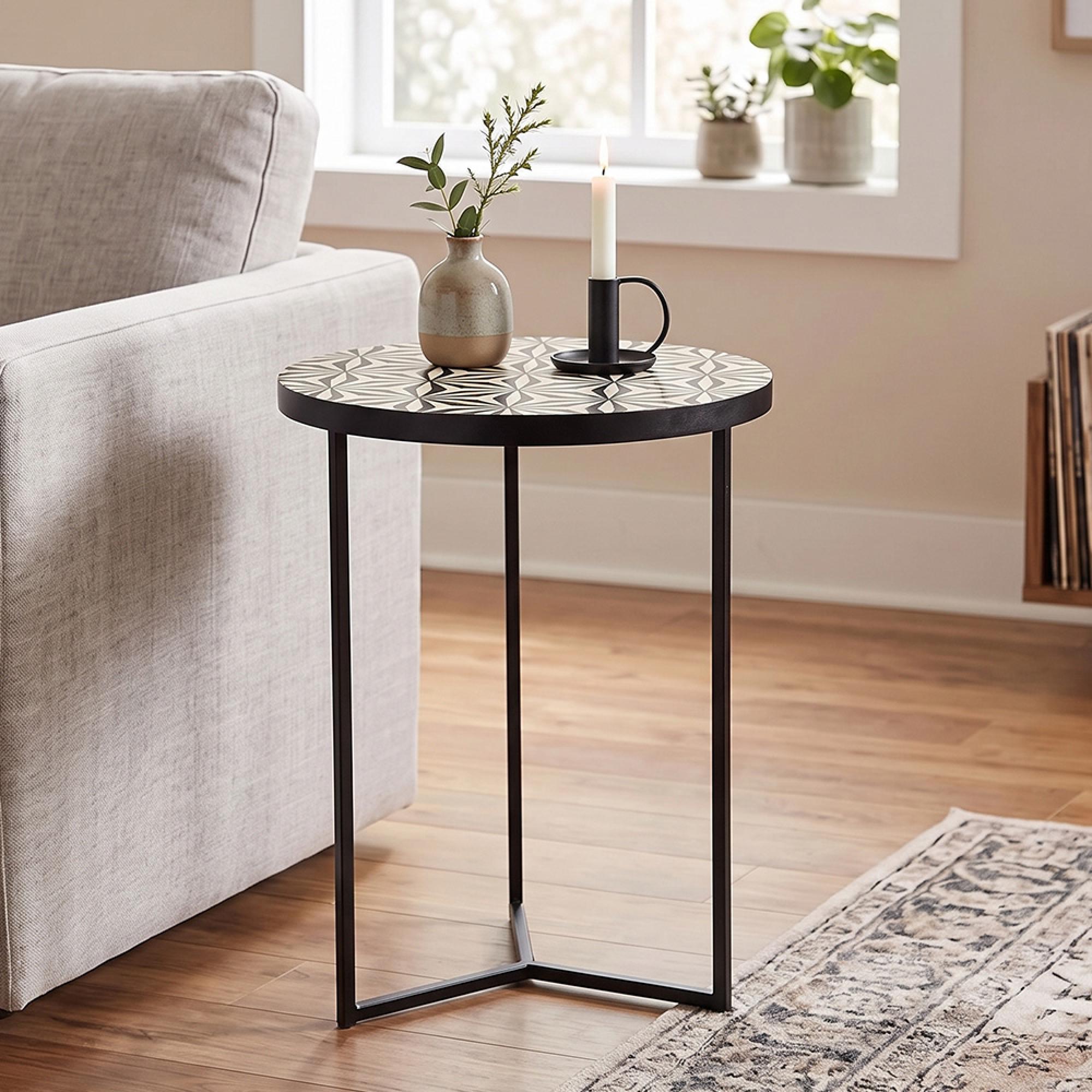 Delhi Side Table - Round - Geometric - Black - Bone Inlay and Metal