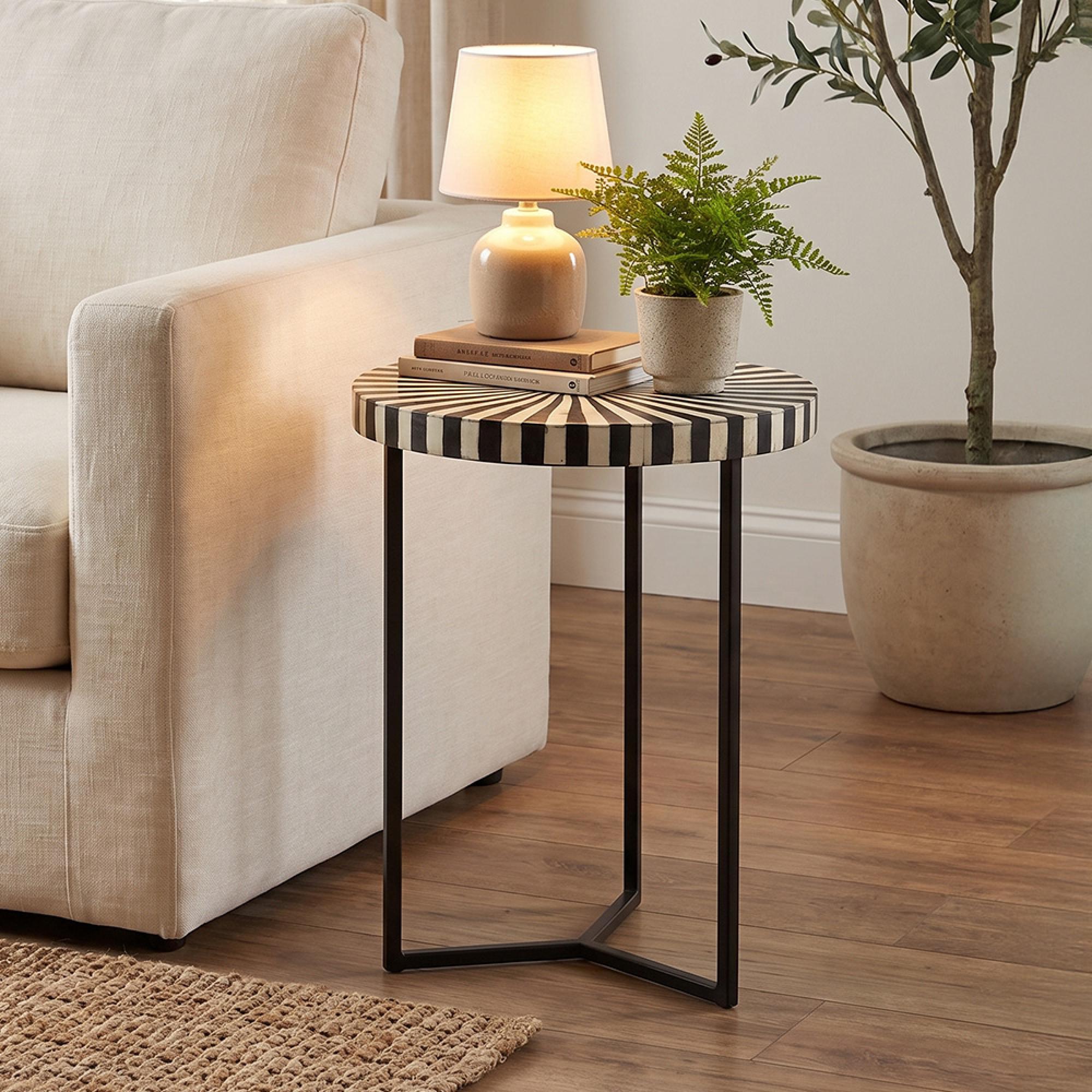 Delhi Side Table - Round - Radial Sunburst - Black - Bone Inlay and Metal