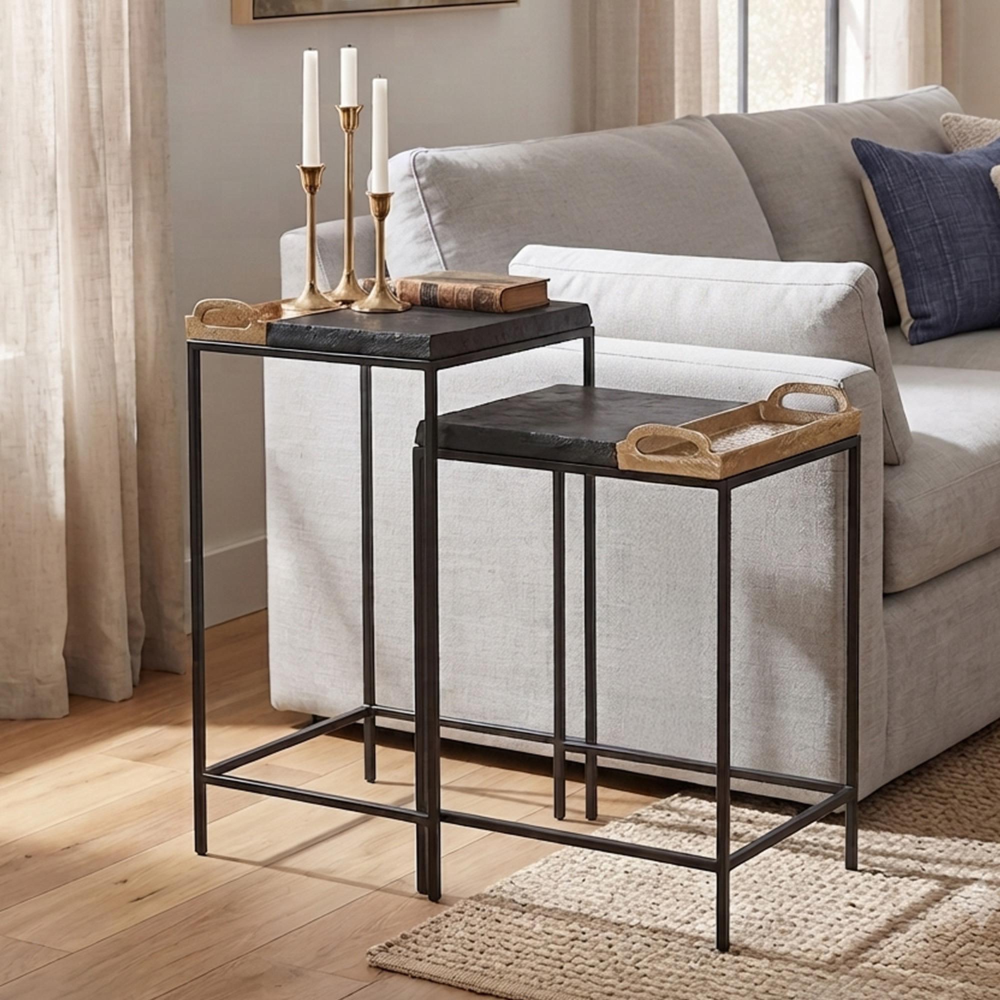 Jiran Side Table - 2 Tier - Serving Tray - Square - Black and Gold - Metal