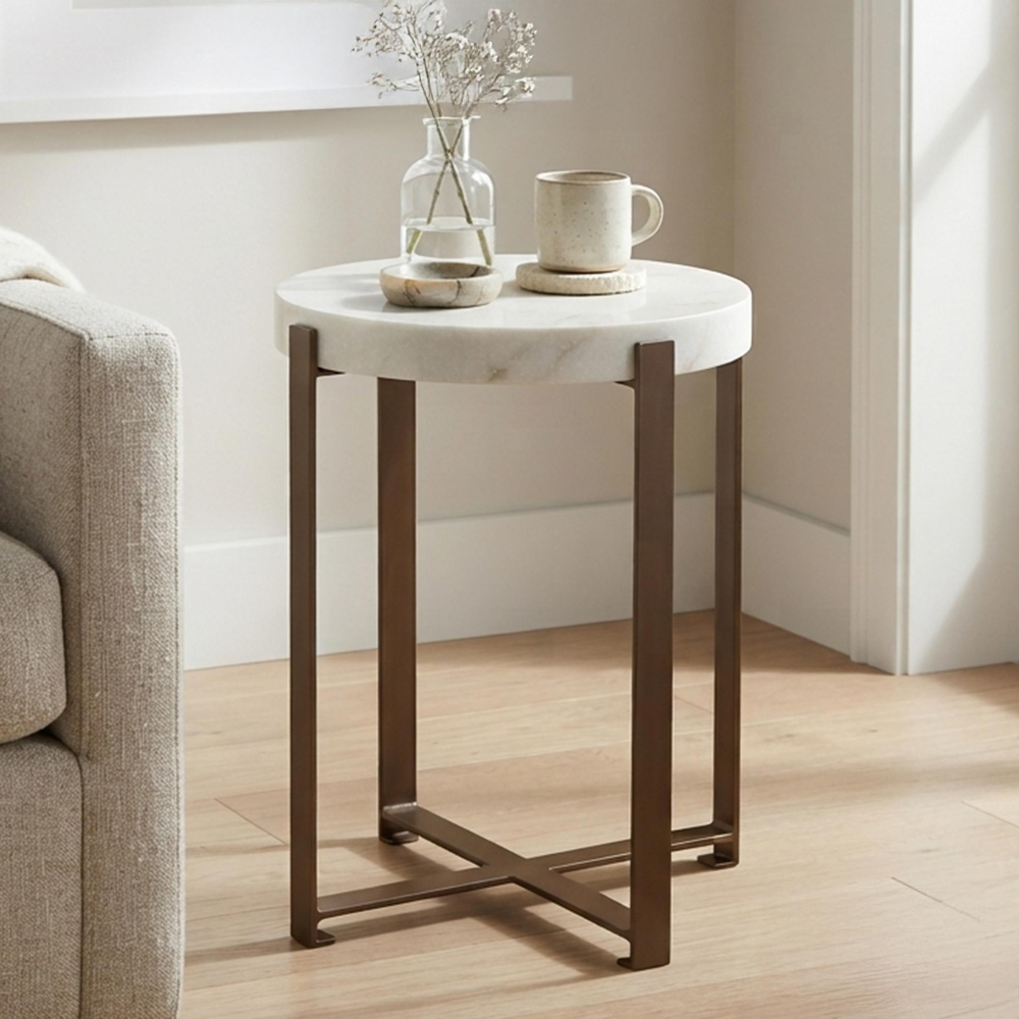 Zoe Side Table - Round - White and Brown - Marble and Metal
