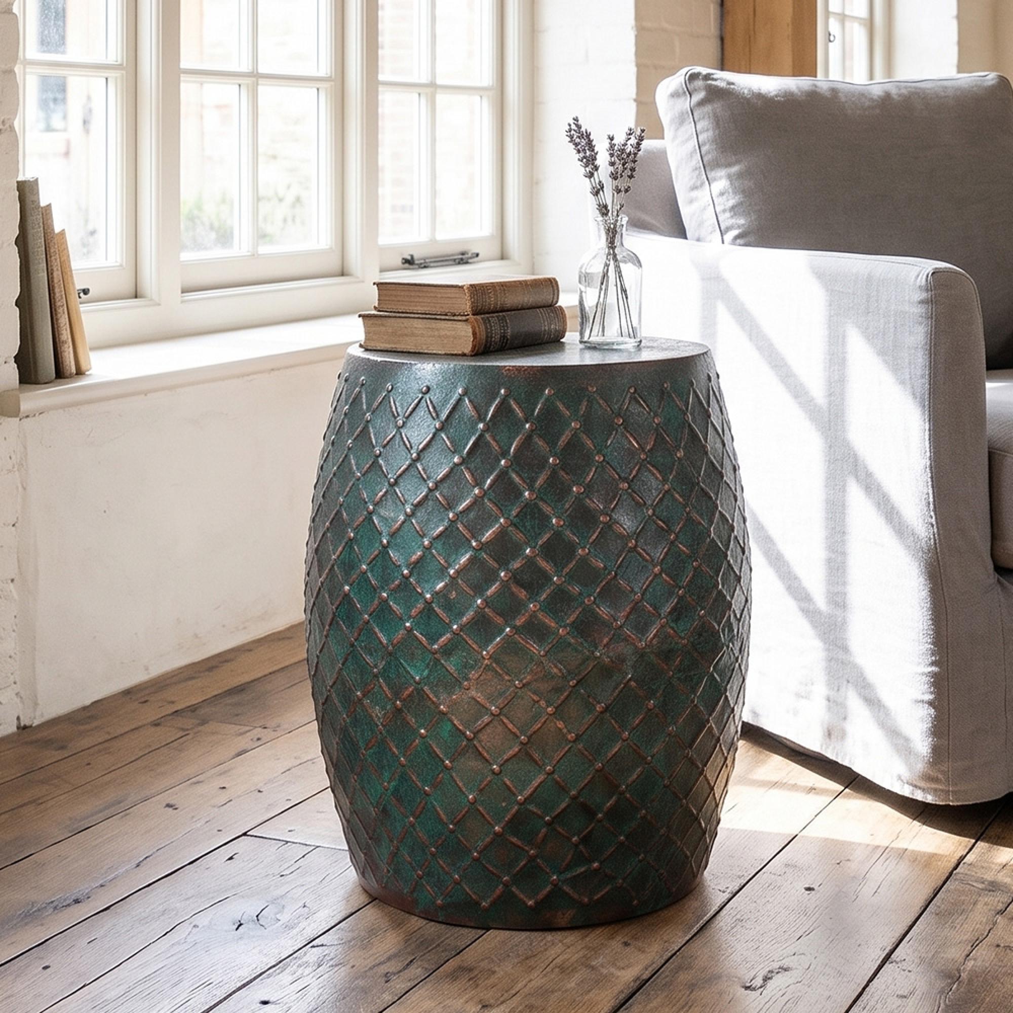 Side Table - Round - Drum - Turquoise - Metal