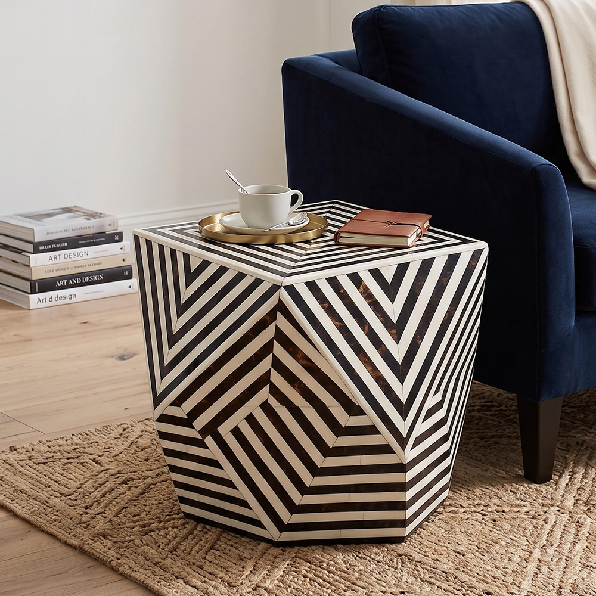 Side Table - Hexagon - Black and White - Bone Inlay