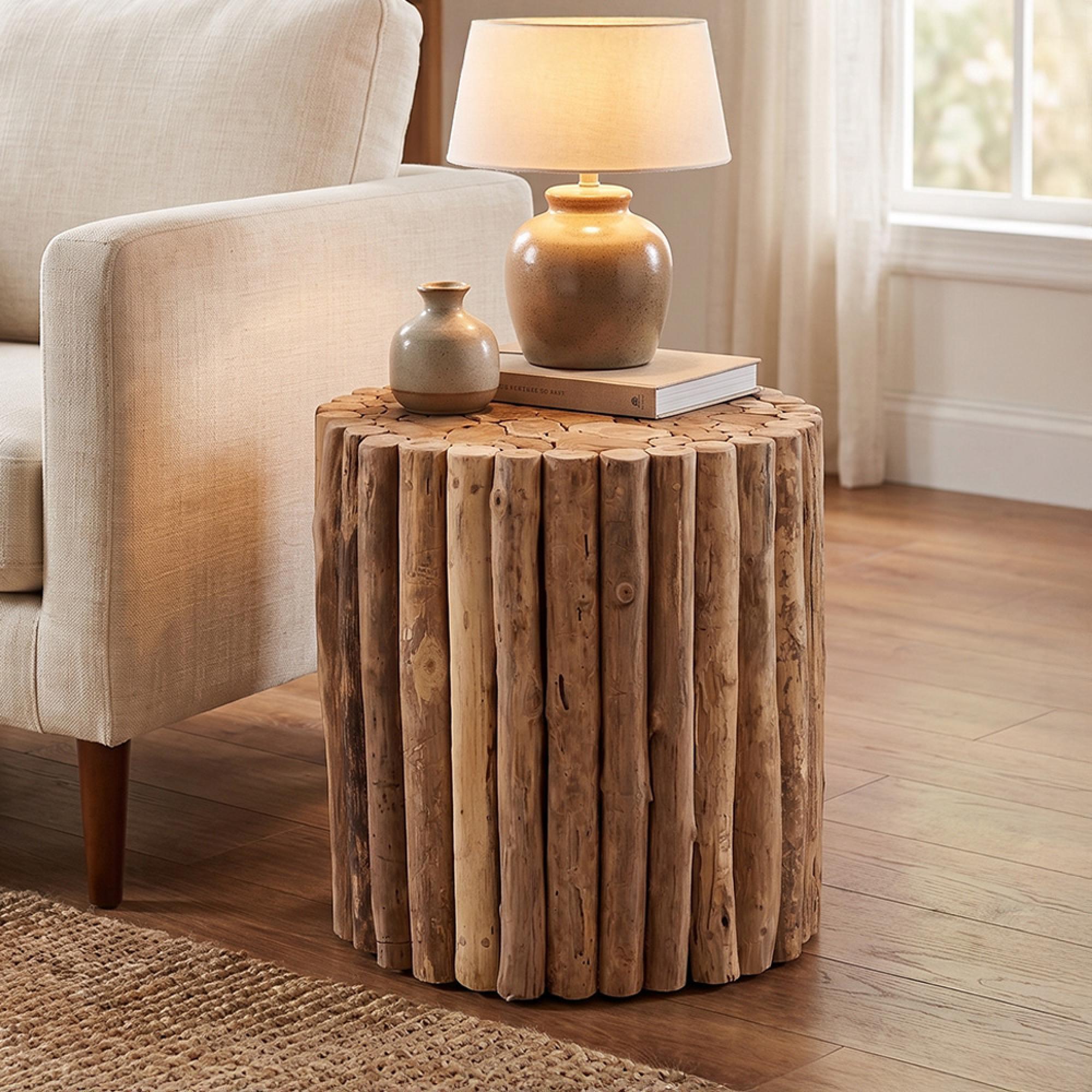Side Table - Round - Rustic Natural - Teak Wood