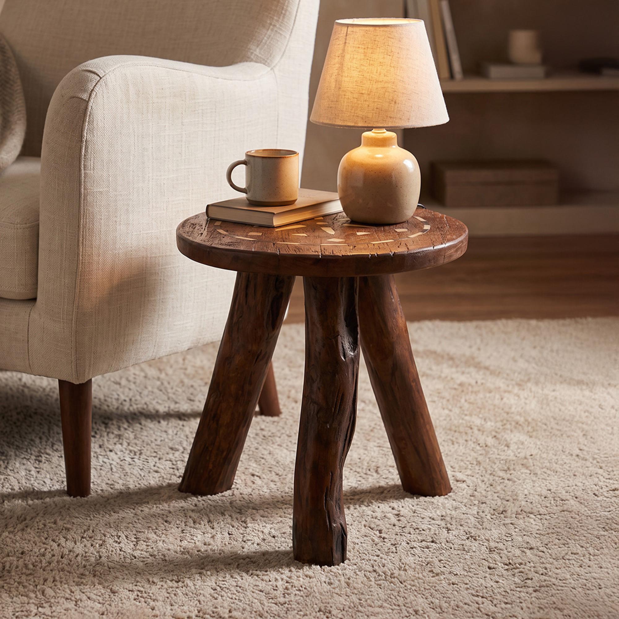 Side Table - Round - Small - Rustic Brown - Bone Inlay and Wood