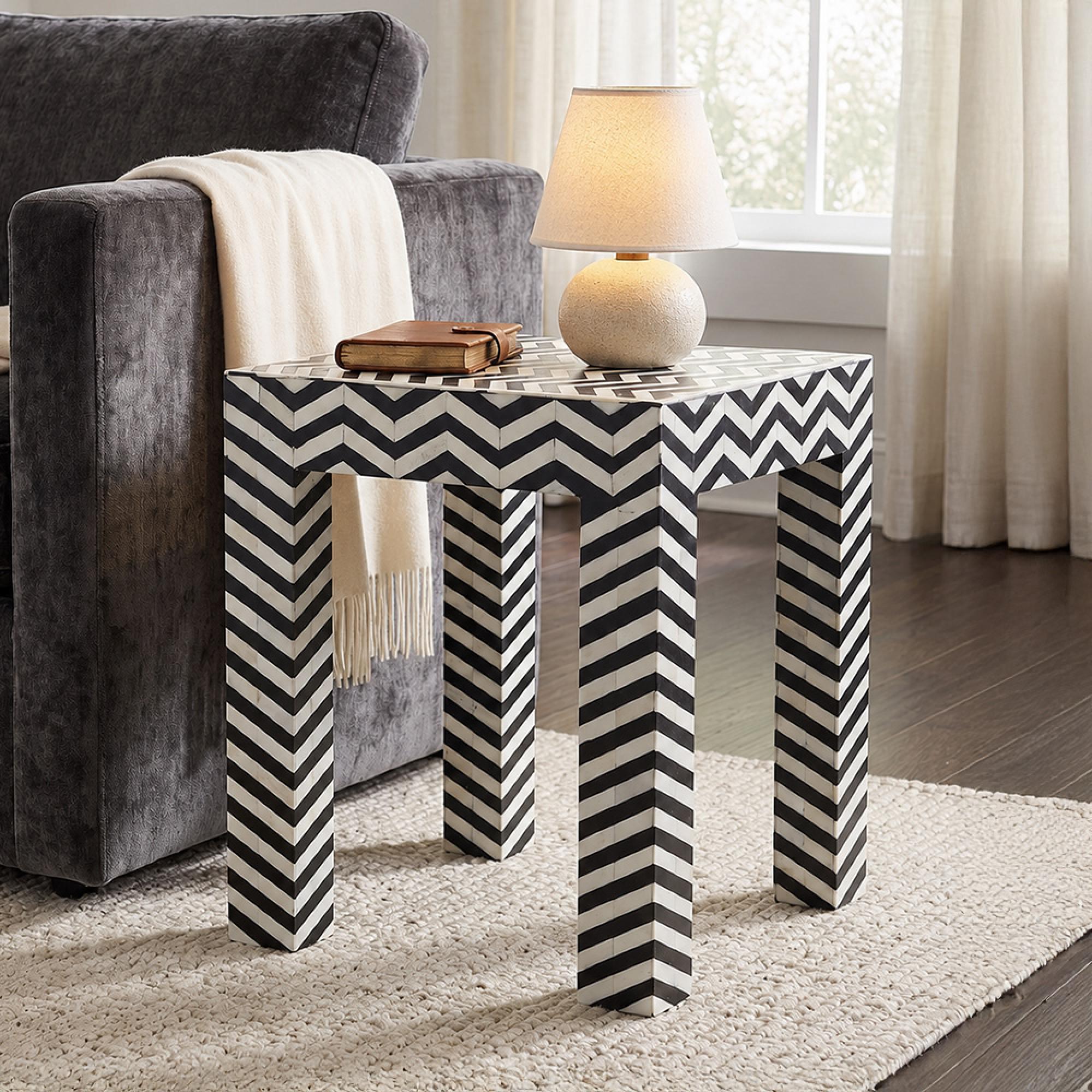 Vicenza Side Table - Square - Chevron - Black and White - Bone Inlay