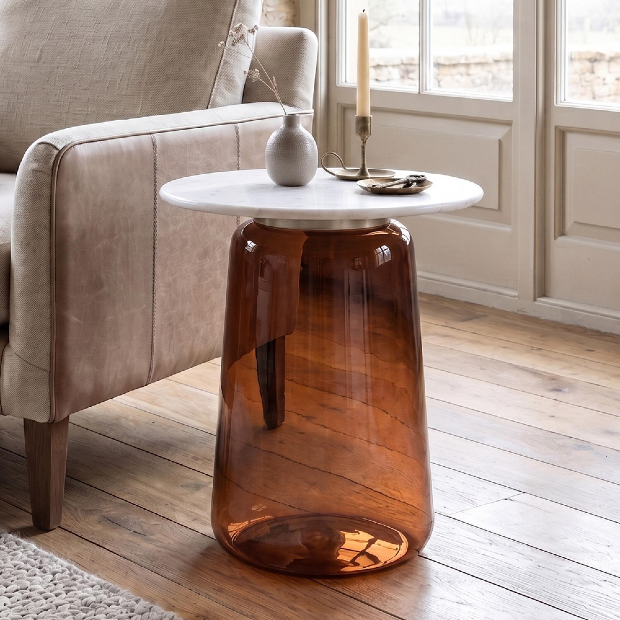 Amadora Side Table - Round - White Marble Top - Amber Glass