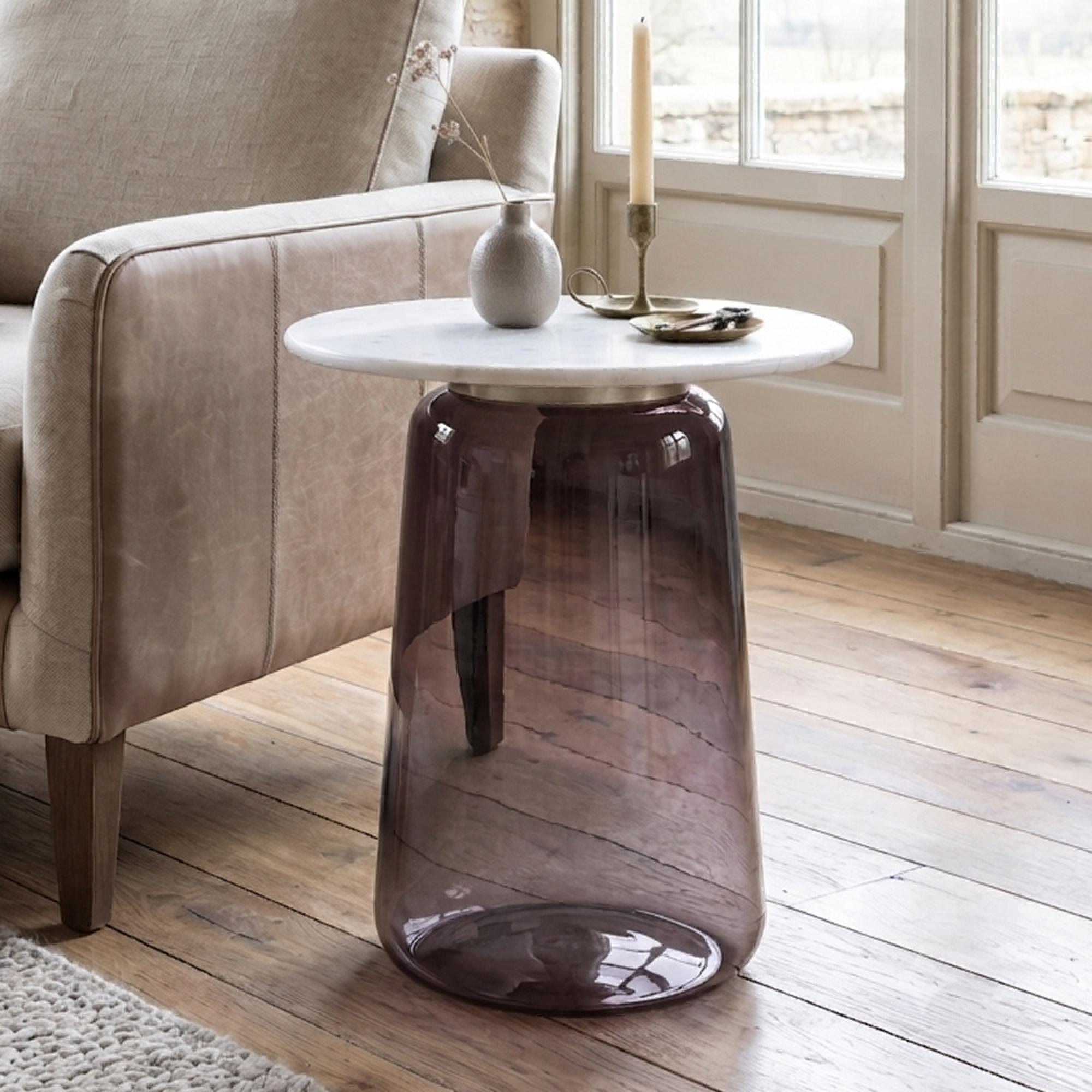Amadora Side Table - Round - White Marble Top - Smoked Glass