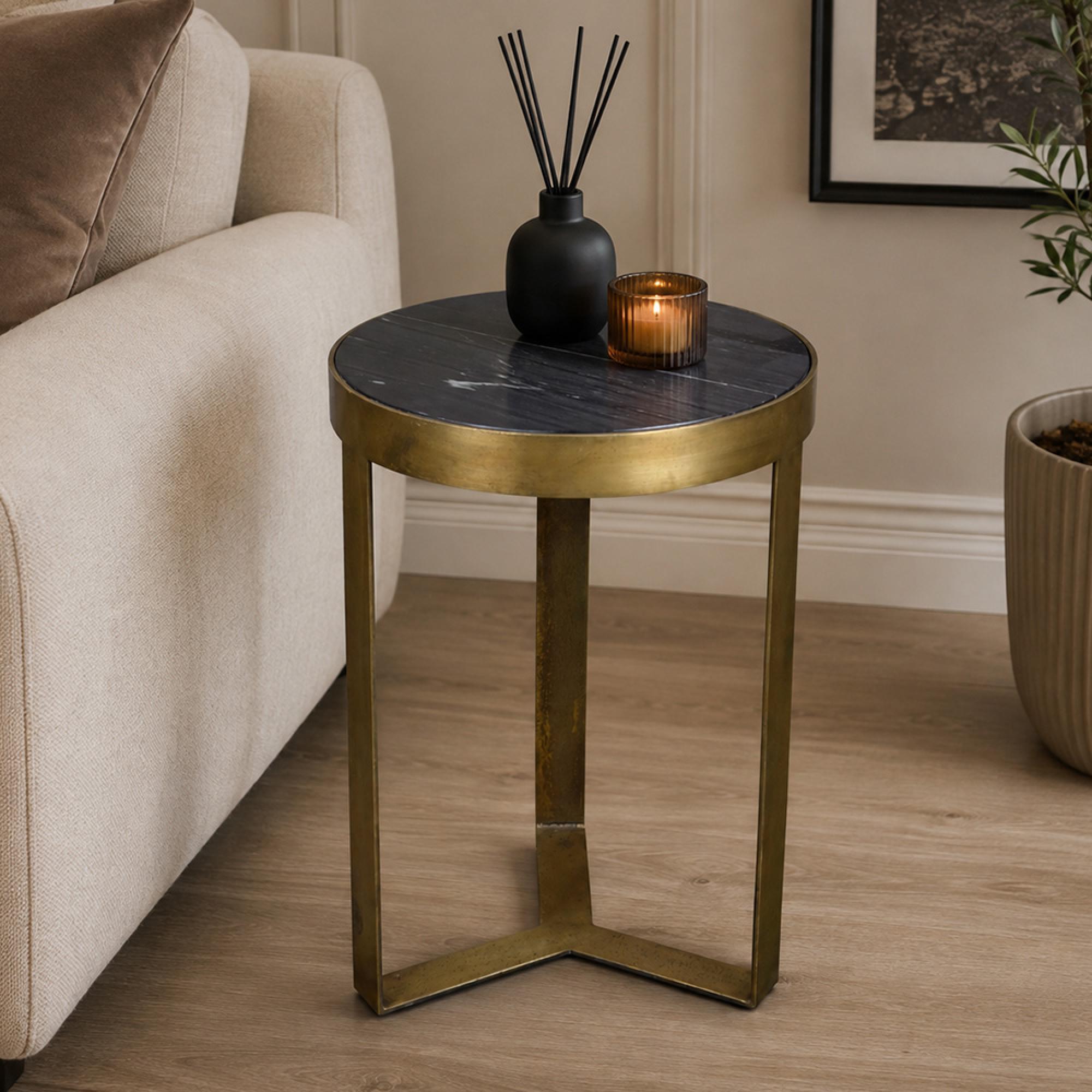 Glennis Side Table - Round - Geometric Base - Black and Gold - Marble Effect